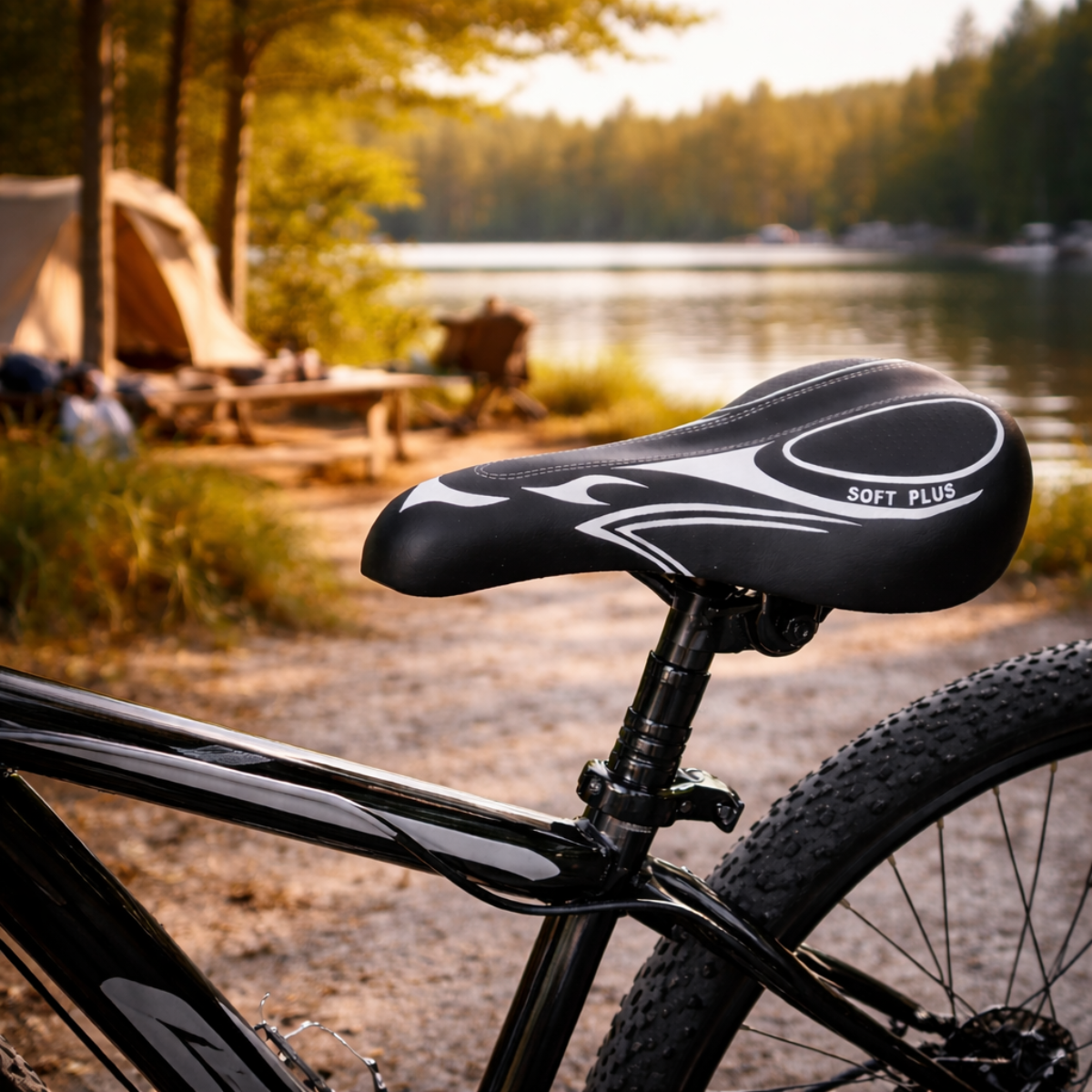 Zwart fietszadel met wit ontwerp, voor een meer en camping. Bomen en een tent op de achtergrond.