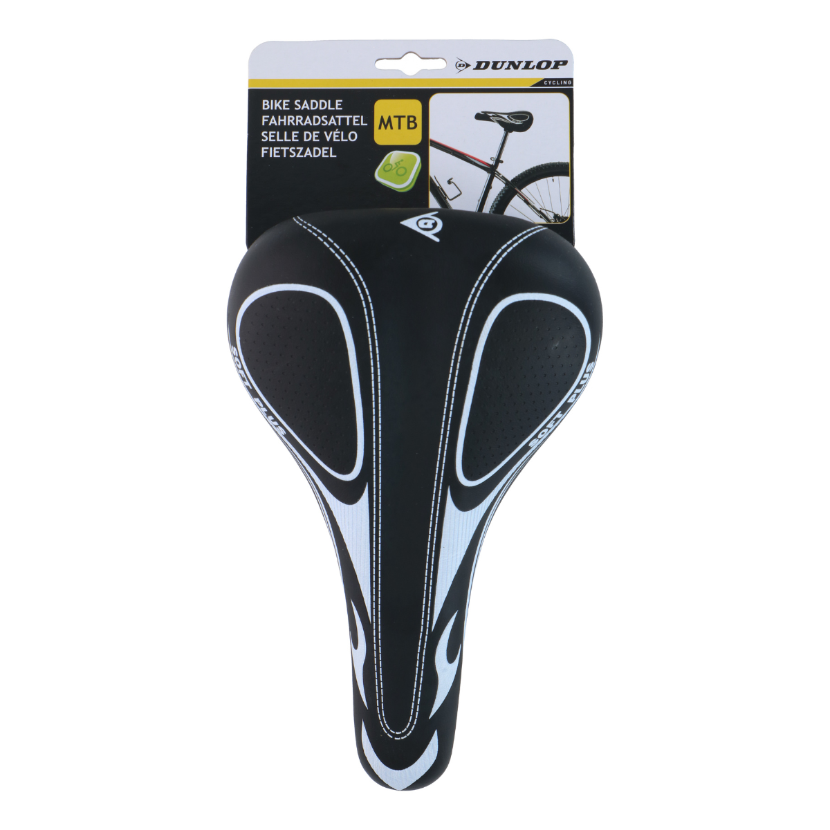 Een zwart fietszadel met witte accenten wordt tentoongesteld. De verpakking zegt 'Dunlop', 'Bike Saddle' en 'MTB'.