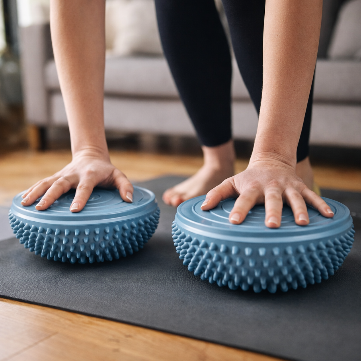 Persoon balanceert op blauwe balanspods, handen erop. Zwarte legging, blote voeten. Grijze mat. Achtergrond: bank en houten vloer.