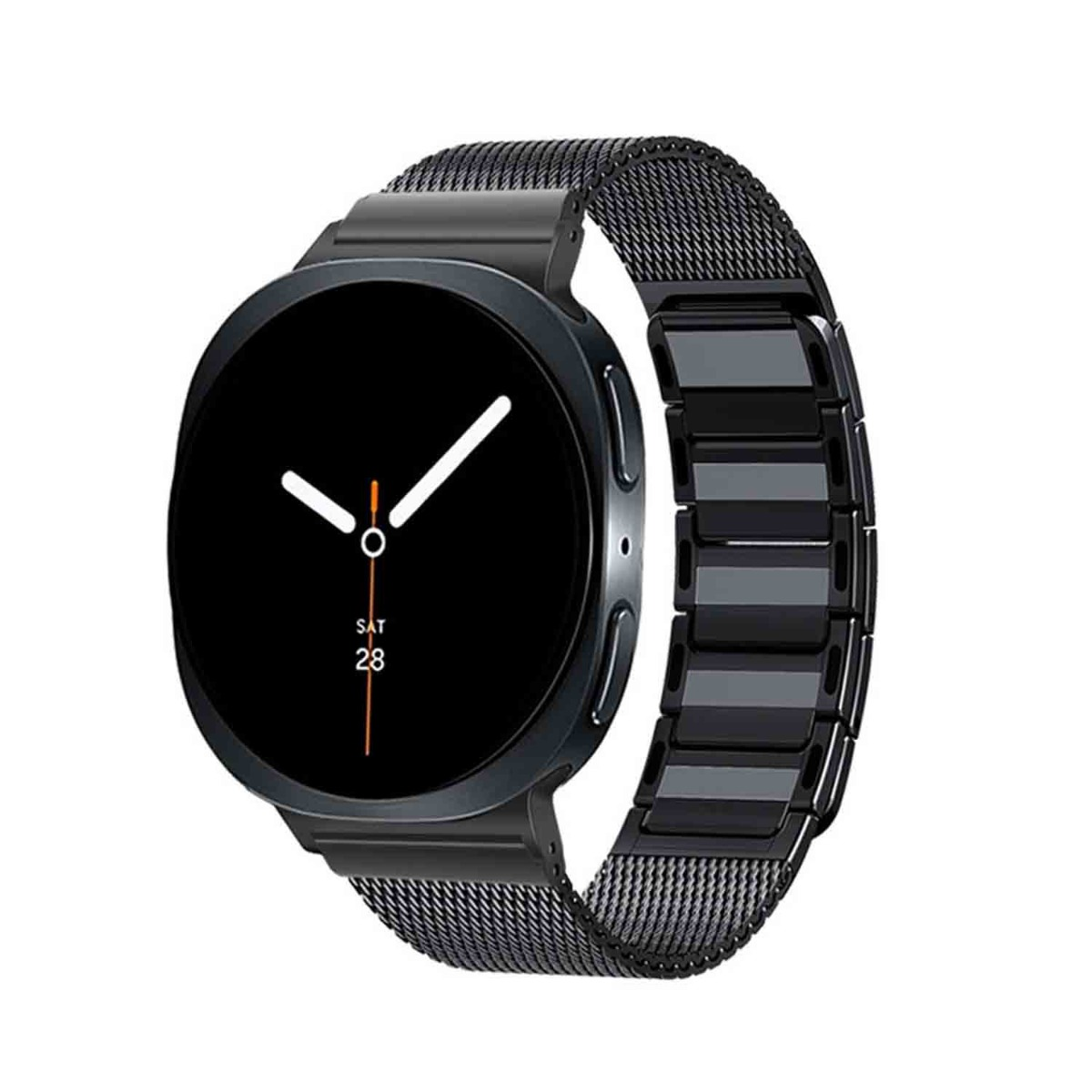 Uno smartwatch nero con cinturino a rete. Il quadrante mostra l'ora e la data: sabato 28. Il cinturino è collegato all'orologio.