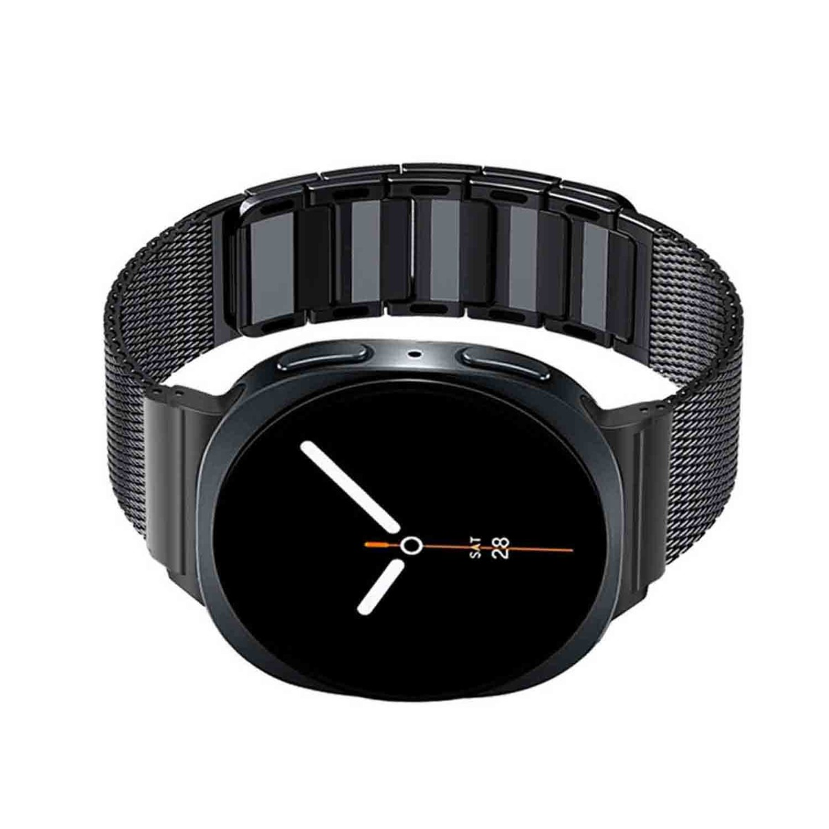 Uno smartwatch nero con cinturino a rete. Il quadrante è nero con lancette bianche e dettagli arancioni, che mostrano la data.