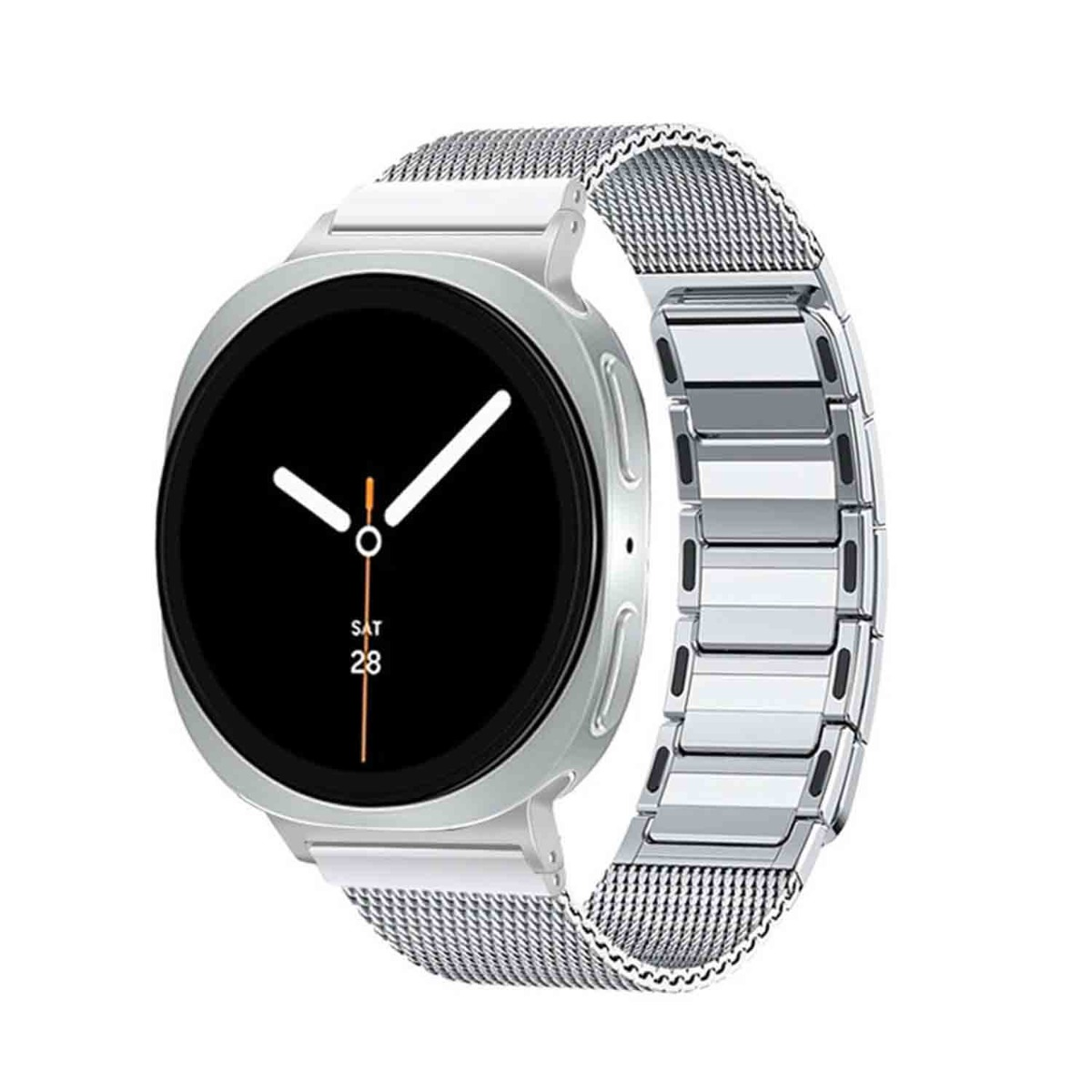 Eine silberne Smartwatch mit schwarzem Bildschirm, der die Uhrzeit anzeigt. Sie hat ein metallisches Mesh-Armband und befindet sich auf weißem Hintergrund.