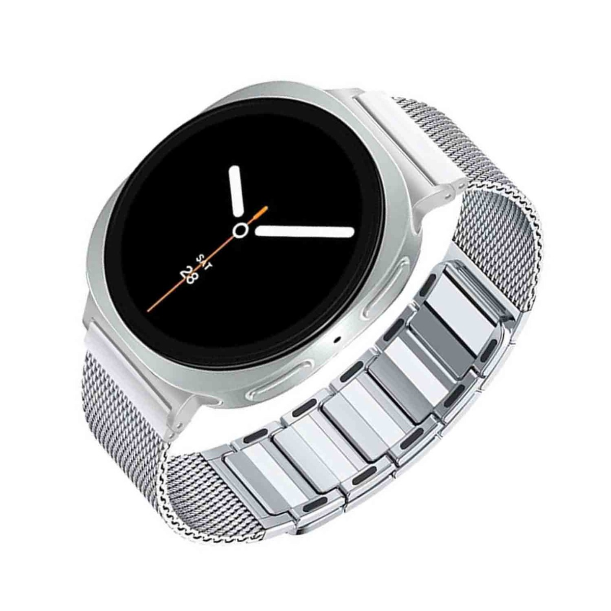 Eine silberne Smartwatch mit schwarzem Bildschirm, der die Uhrzeit anzeigt. Sie hat ein silbernes Mesh-Armband und einen Abschnitt mit silbernen Gliedern.