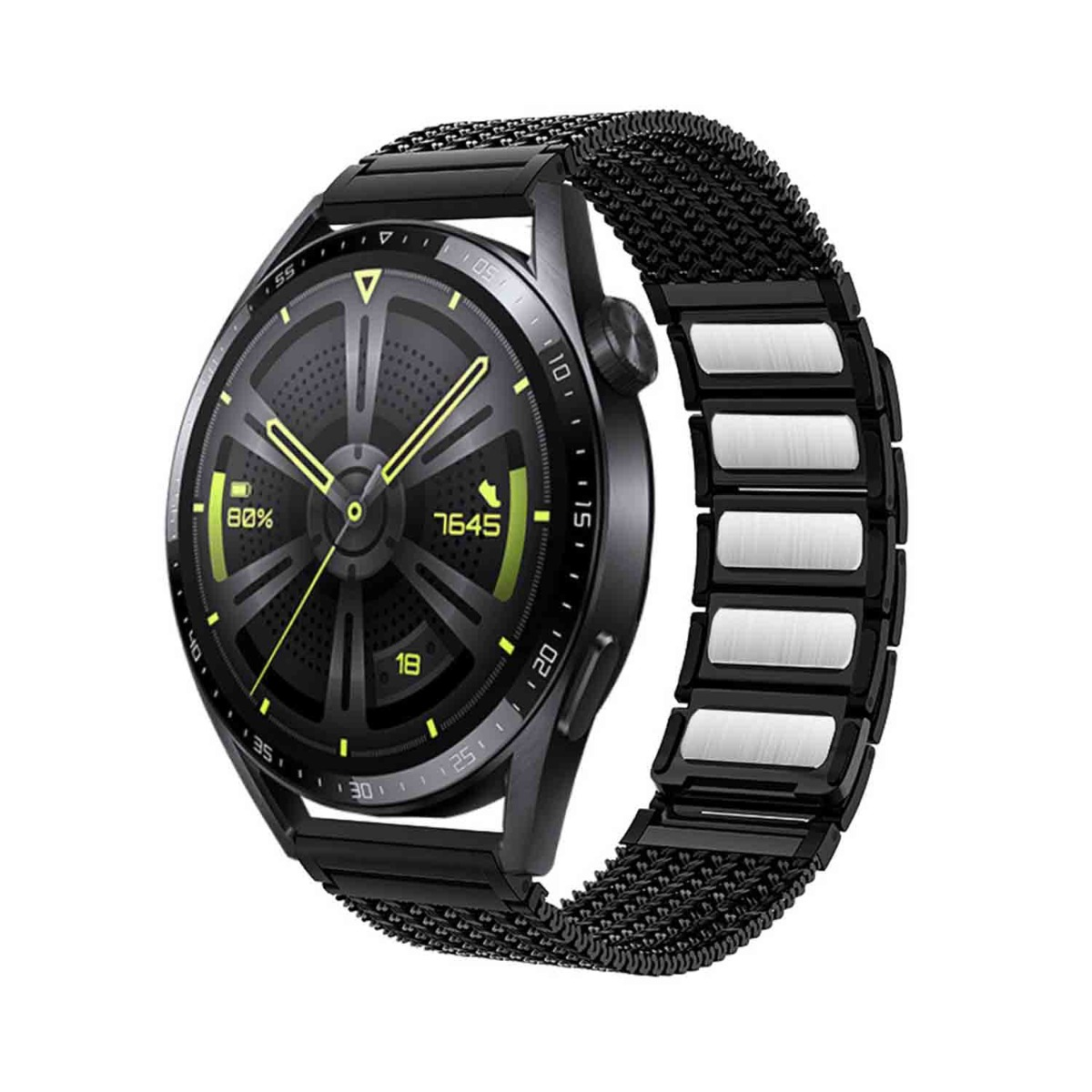 Eine schwarze Smartwatch mit Mesh-Armband. Das Zifferblatt ist schwarz mit gelben Akzenten und zeigt Zeit und Akkulaufzeit.