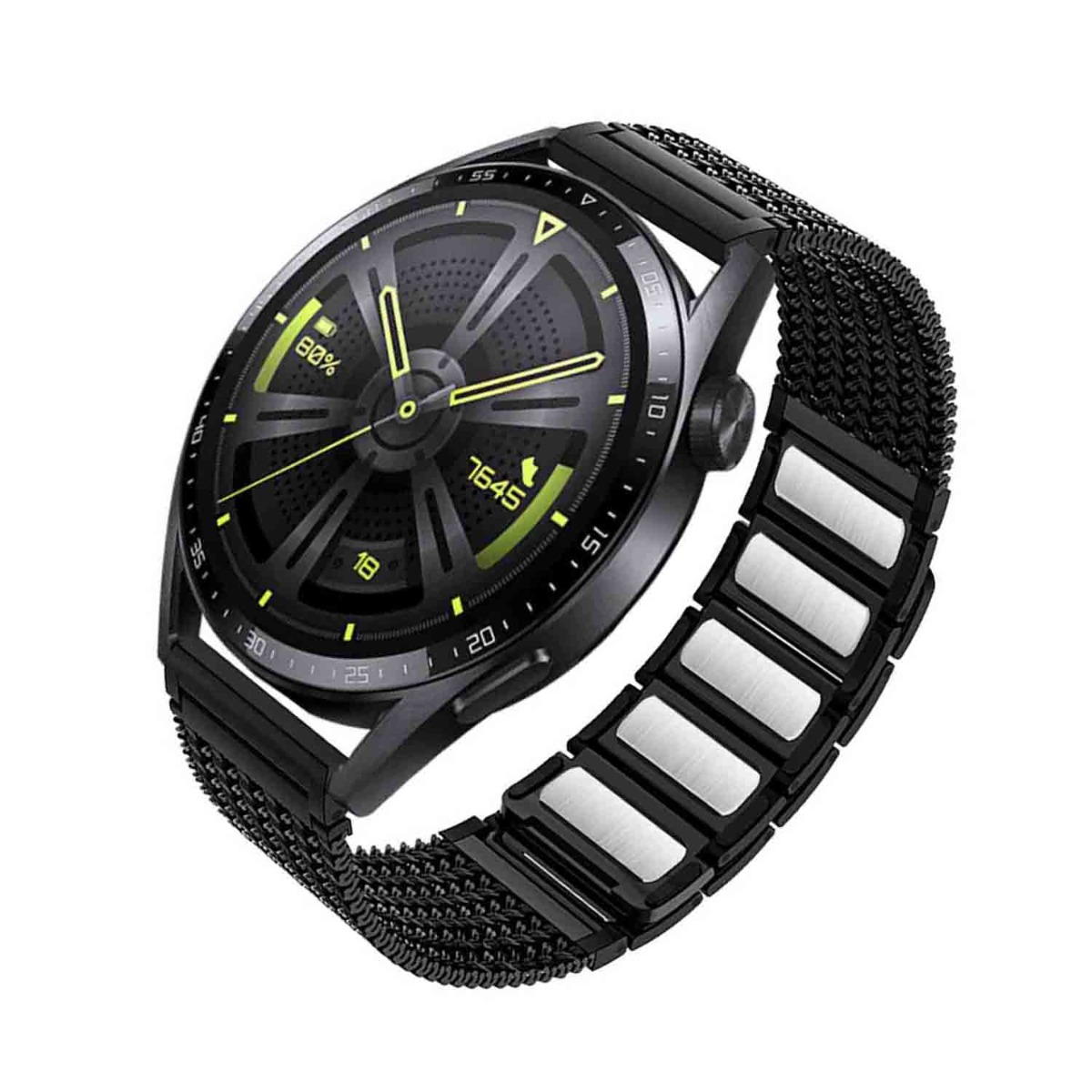 Eine schwarze Smartwatch mit Mesh-Armband. Das Zifferblatt zeigt Zeit, Akku und andere Daten in Grün und Gelb auf schwarzem Grund.