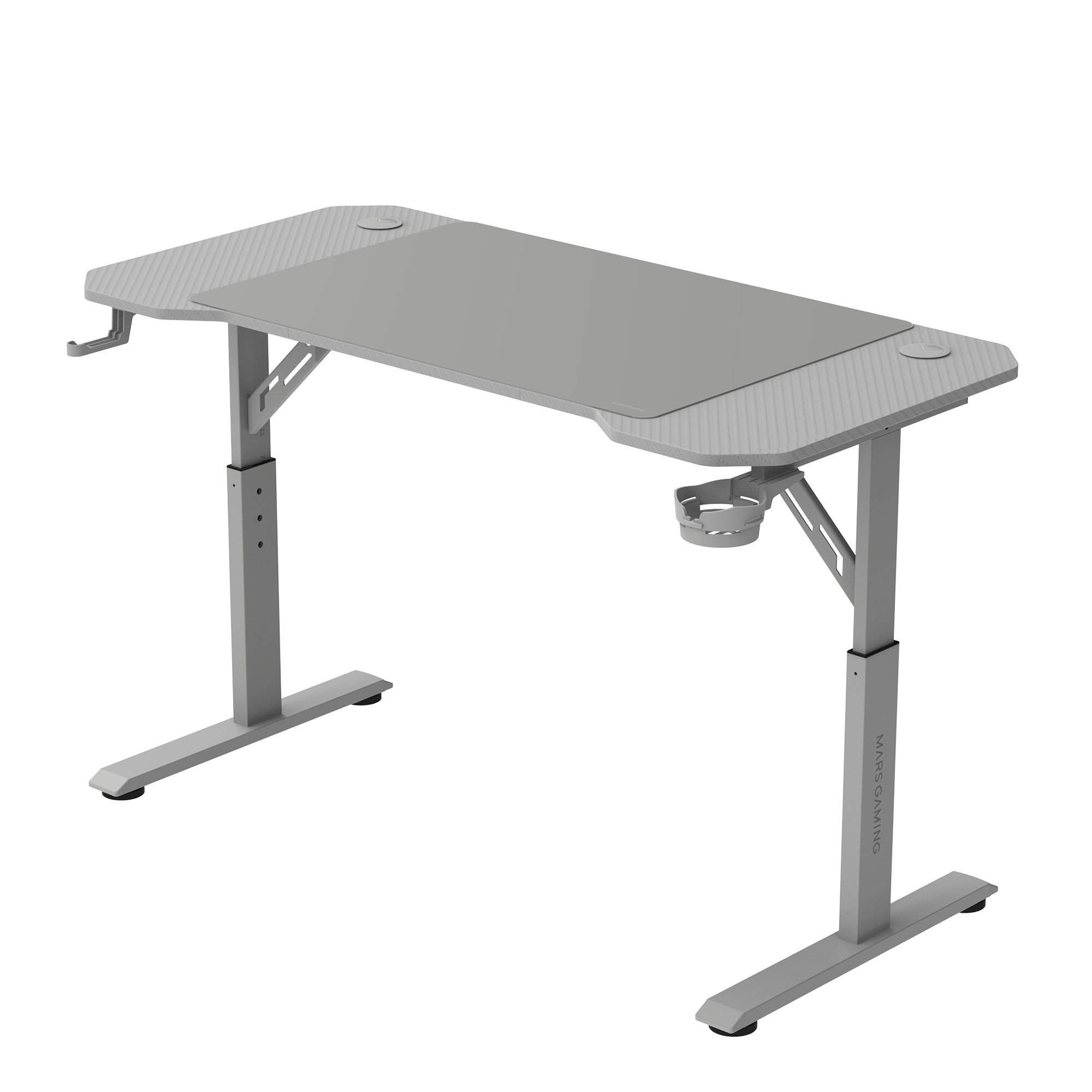 Un escritorio de juegos gris con portavasos y gestión de cables. Tiene patas ajustables y superficie gris.