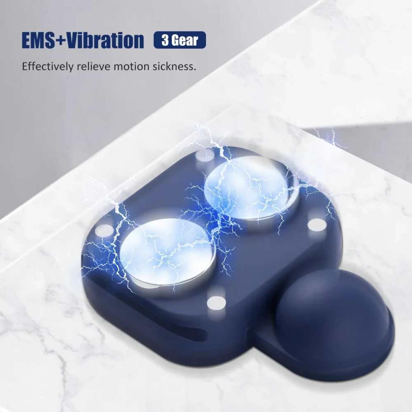 Blaues Gerät mit zwei Kreisen und einer Kugel, mit blauem Elektrizitätseffekt. Text: EMS+Vibration, 3 Gear. Es lindert Reisekrankheit.