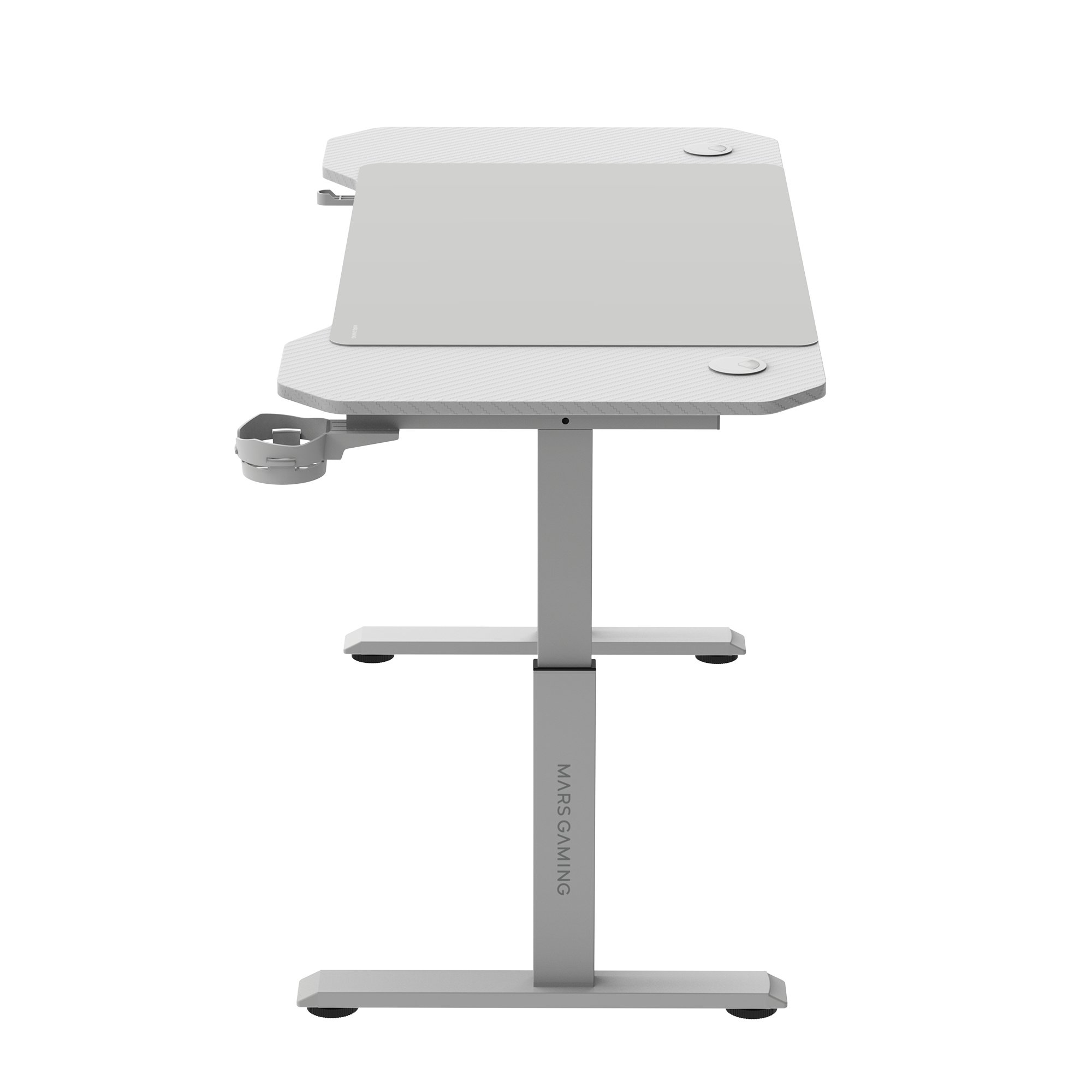 Escritorio gaming gris con superficie blanca, portavasos y marca 'MARS GAMING' en el soporte central.