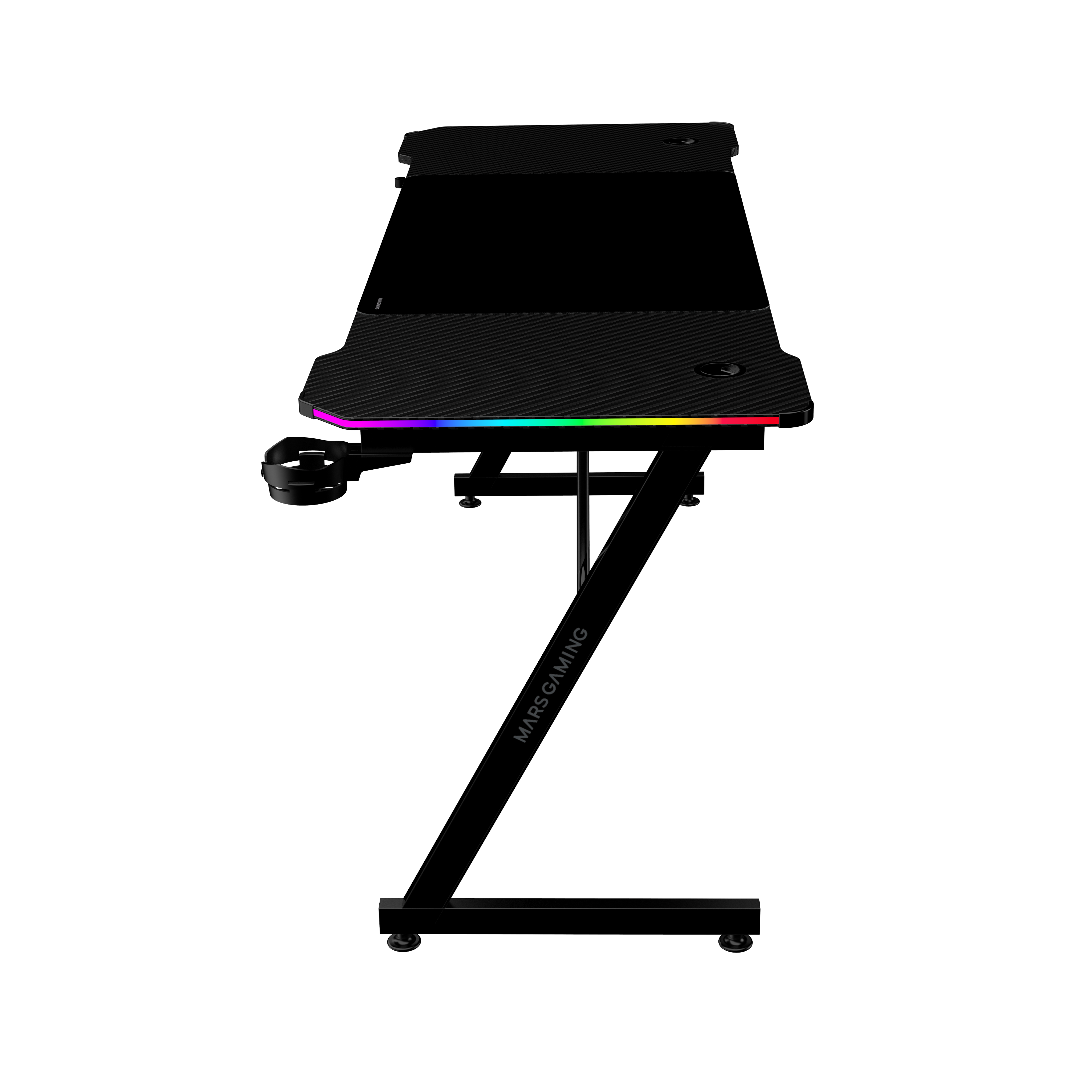 Escritorio de juegos negro con iluminación RGB en el borde frontal. Tiene un portavasos.