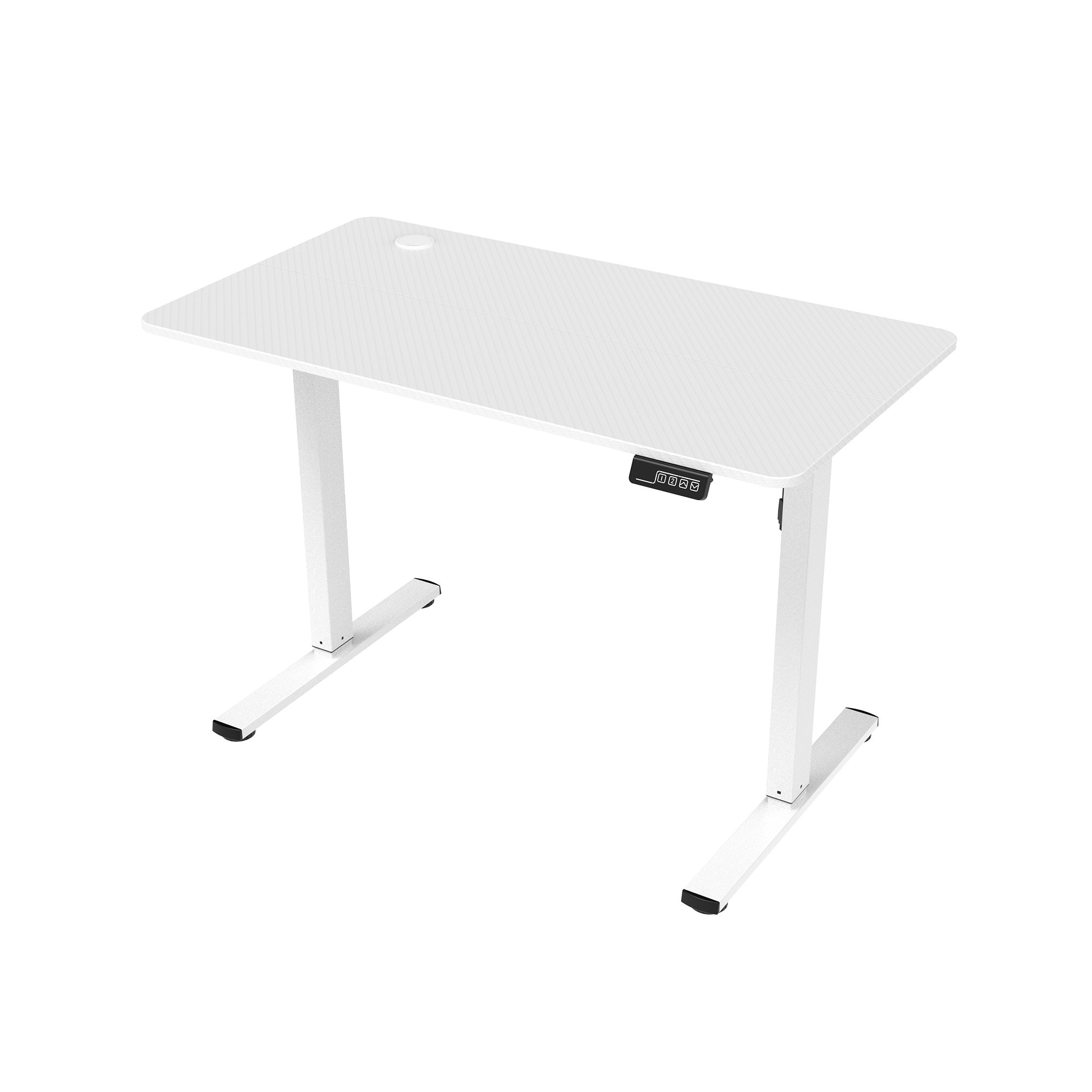 Un escritorio de pie blanco con superficie texturizada, pantalla digital y dos patas. El escritorio está sobre un fondo blanco.
