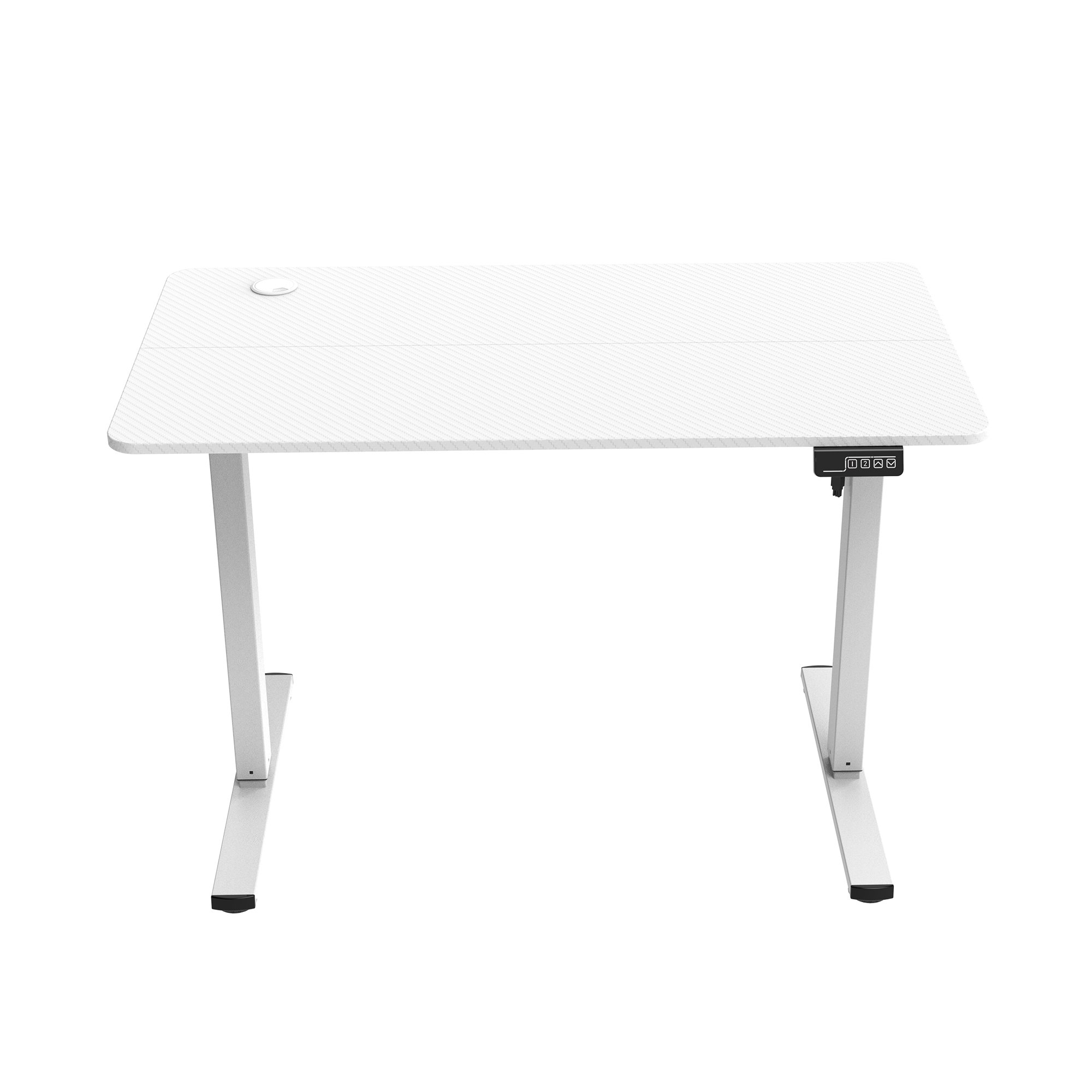 Un escritorio blanco con superficie texturizada, dos patas y un panel de control.