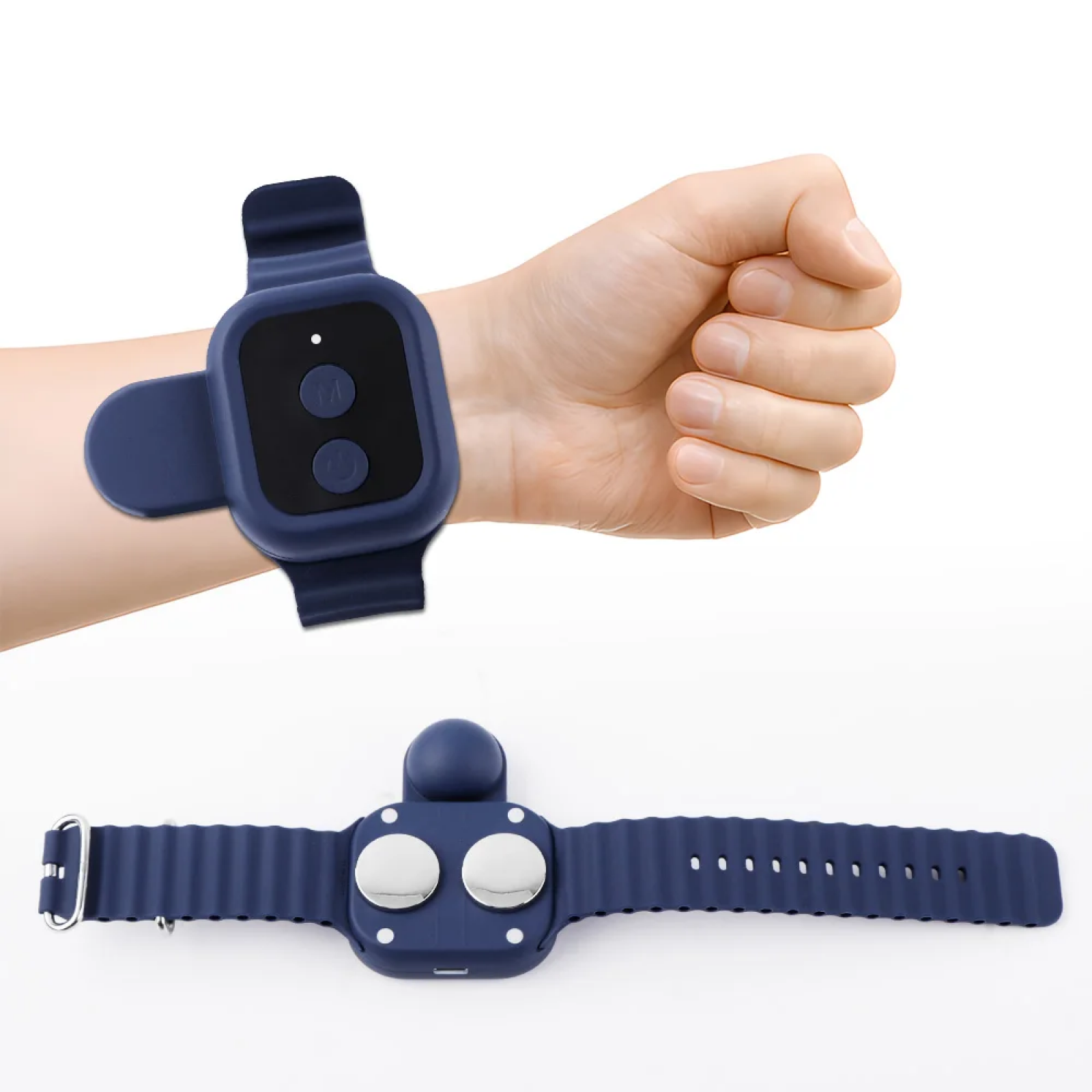 Eine Hand, die eine blaue Smartwatch mit zwei Knöpfen trägt. Eine andere wird angezeigt.
