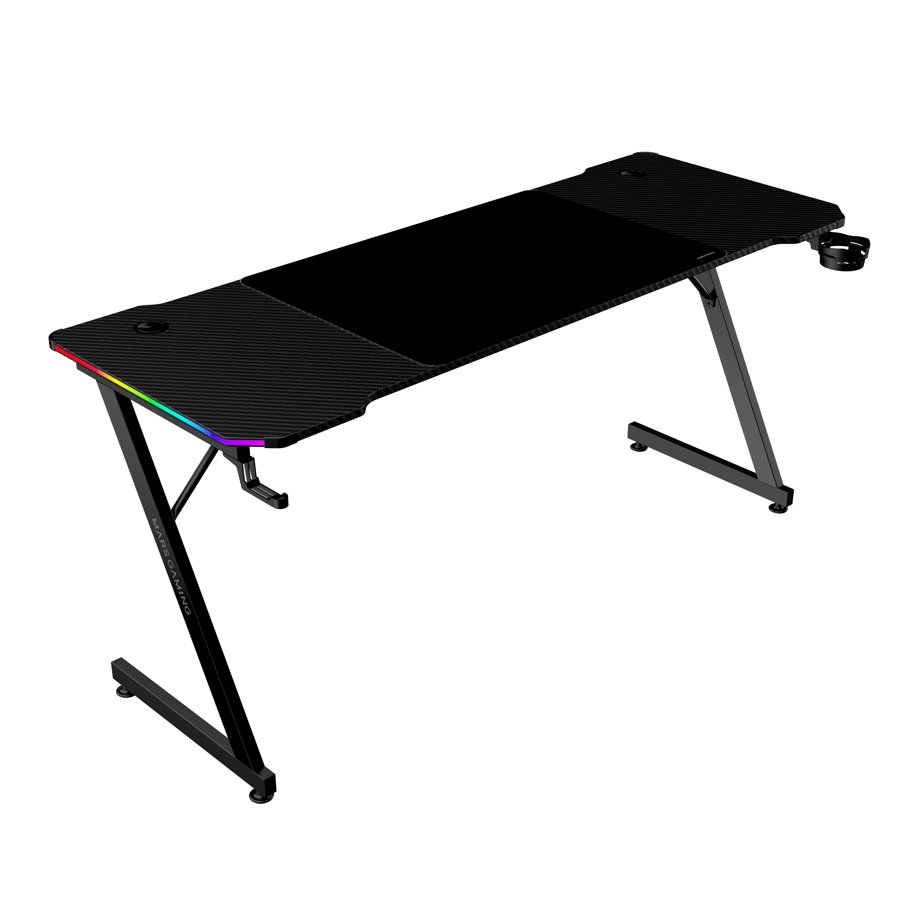 Escritorio gaming negro con tapa de fibra de carbono e iluminación RGB. Tiene portavasos y patas metálicas.