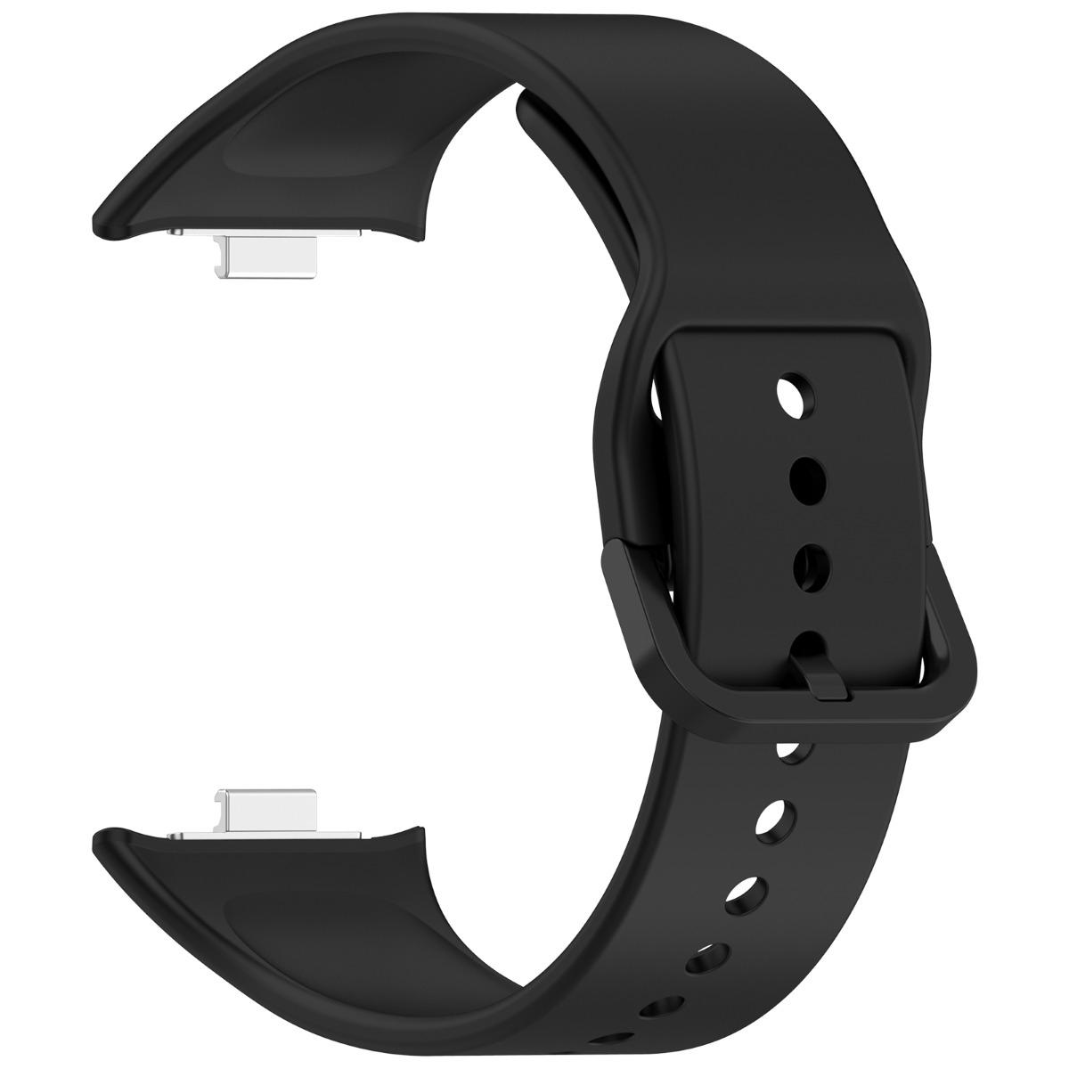 Ein schwarzes Armband mit Schnalle. Das Armband hat Löcher und einen Metallverbinder. Der Hintergrund ist weiß.
