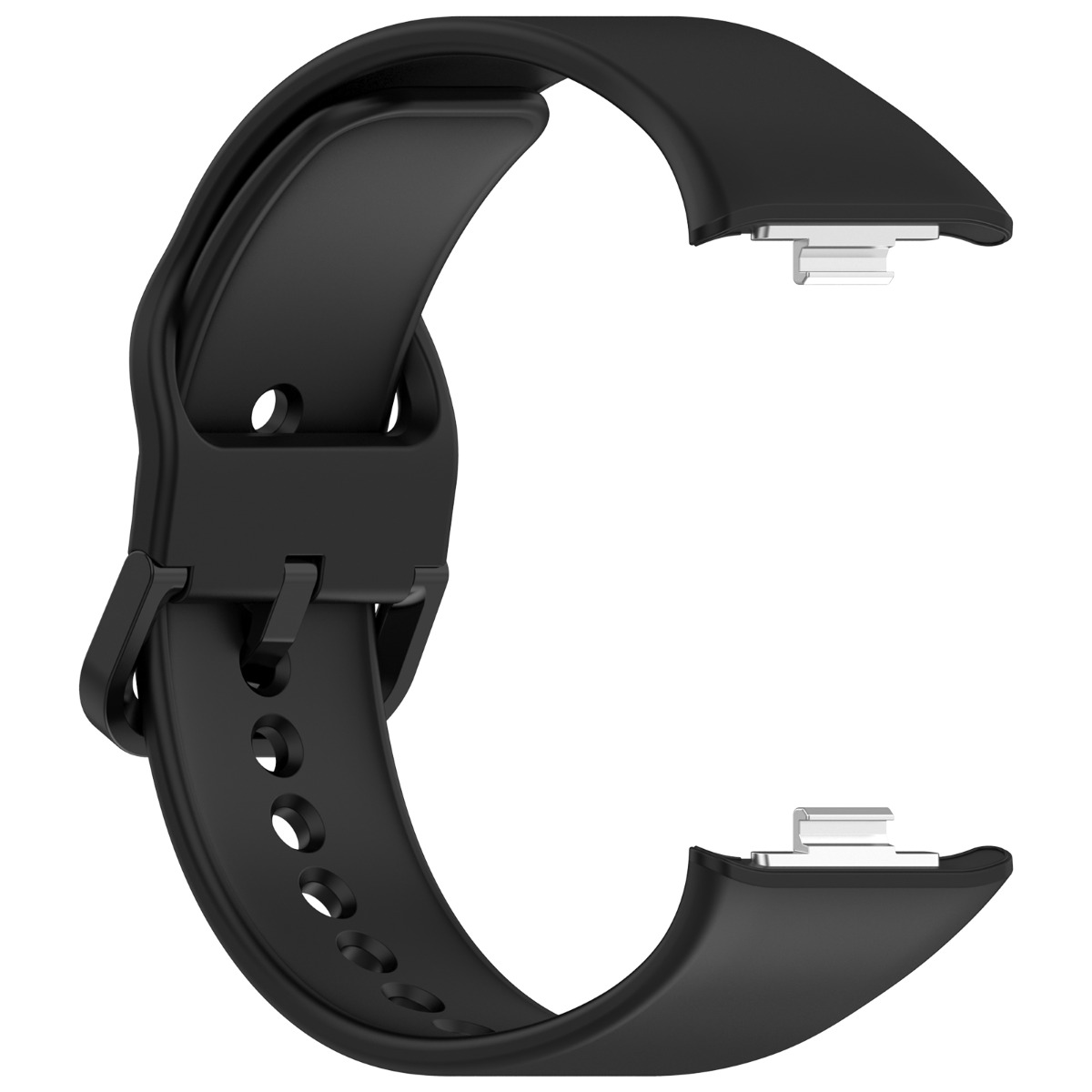 Ein gebogenes, schwarzes Uhrenarmband mit silbernen Metallverbindern. Das Armband hat mehrere Löcher und einen Verschluss.