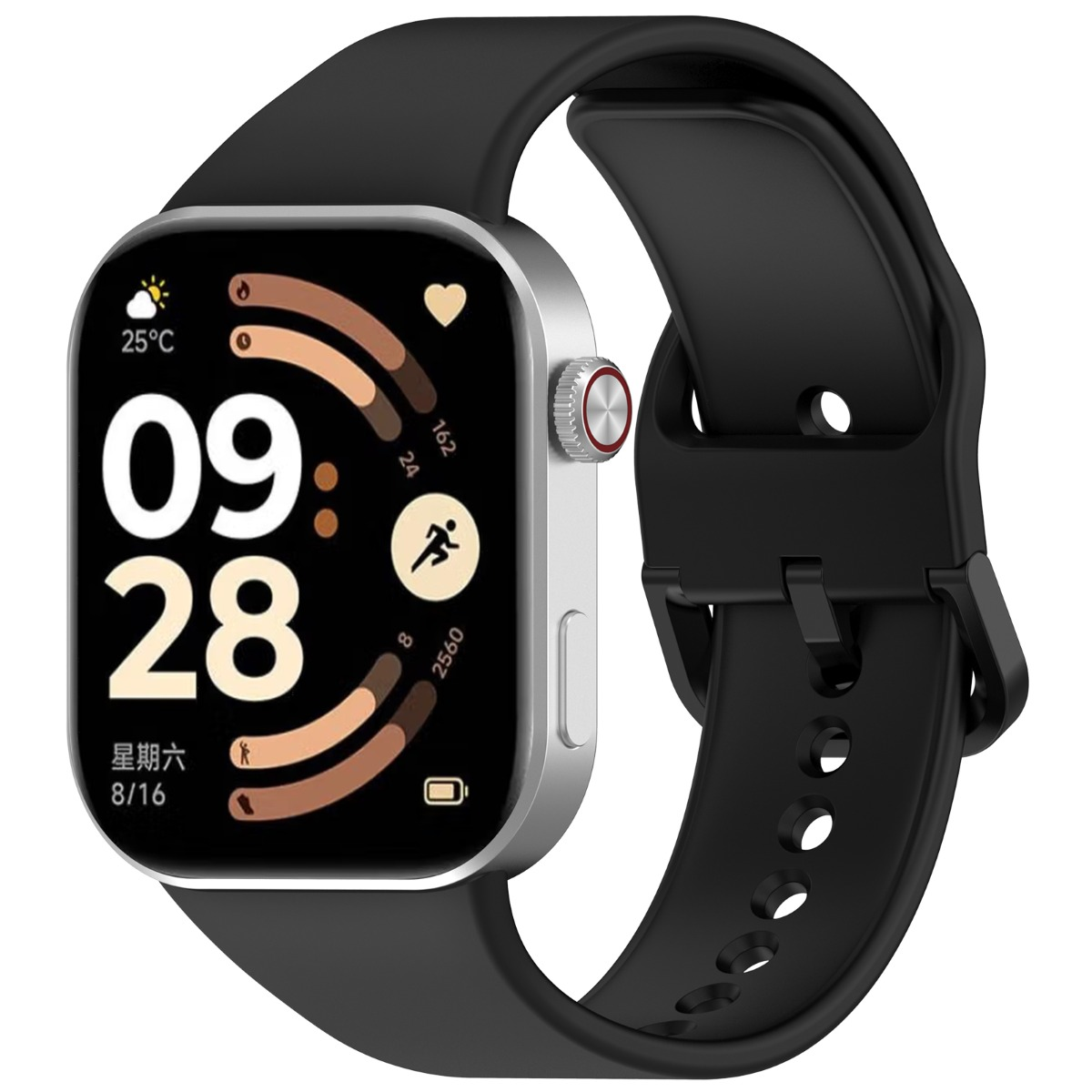 Eine silberne Smartwatch mit schwarzem Armband zeigt Uhrzeit, Datum und Aktivitätsdaten. Das Ziffernblatt ist schwarz.