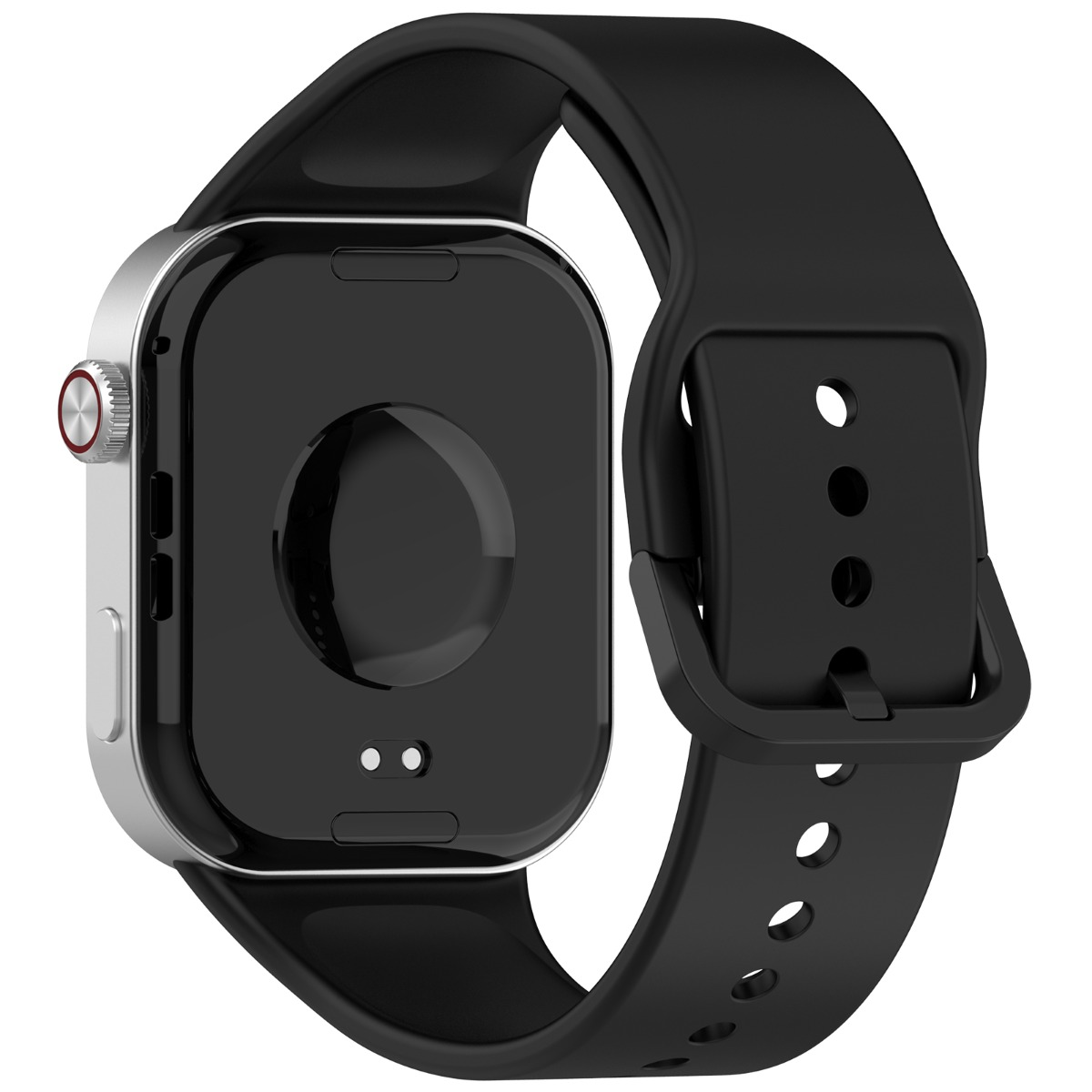 Nahaufnahme einer Smartwatch mit schwarzem Armband. Das Zifferblatt ist schwarz und rechteckig, mit silbernem Rahmen.