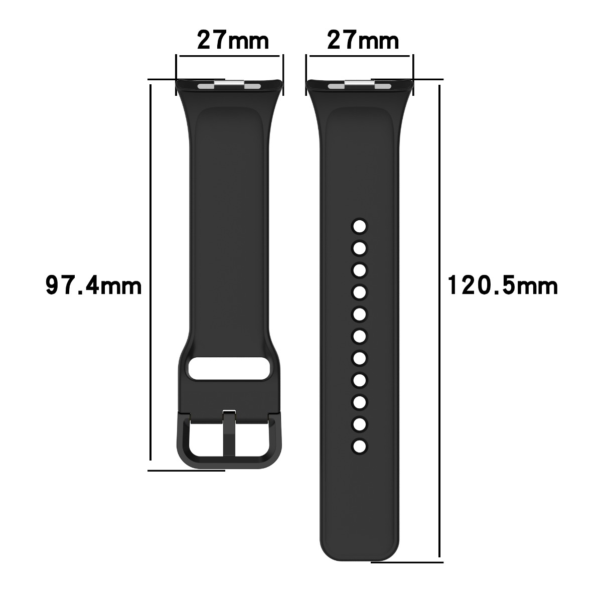 Zwei schwarze Uhrenarmbänder mit Maßen: eines ist 97,4 mm, das andere 120,5 mm lang, beide 27 mm breit.