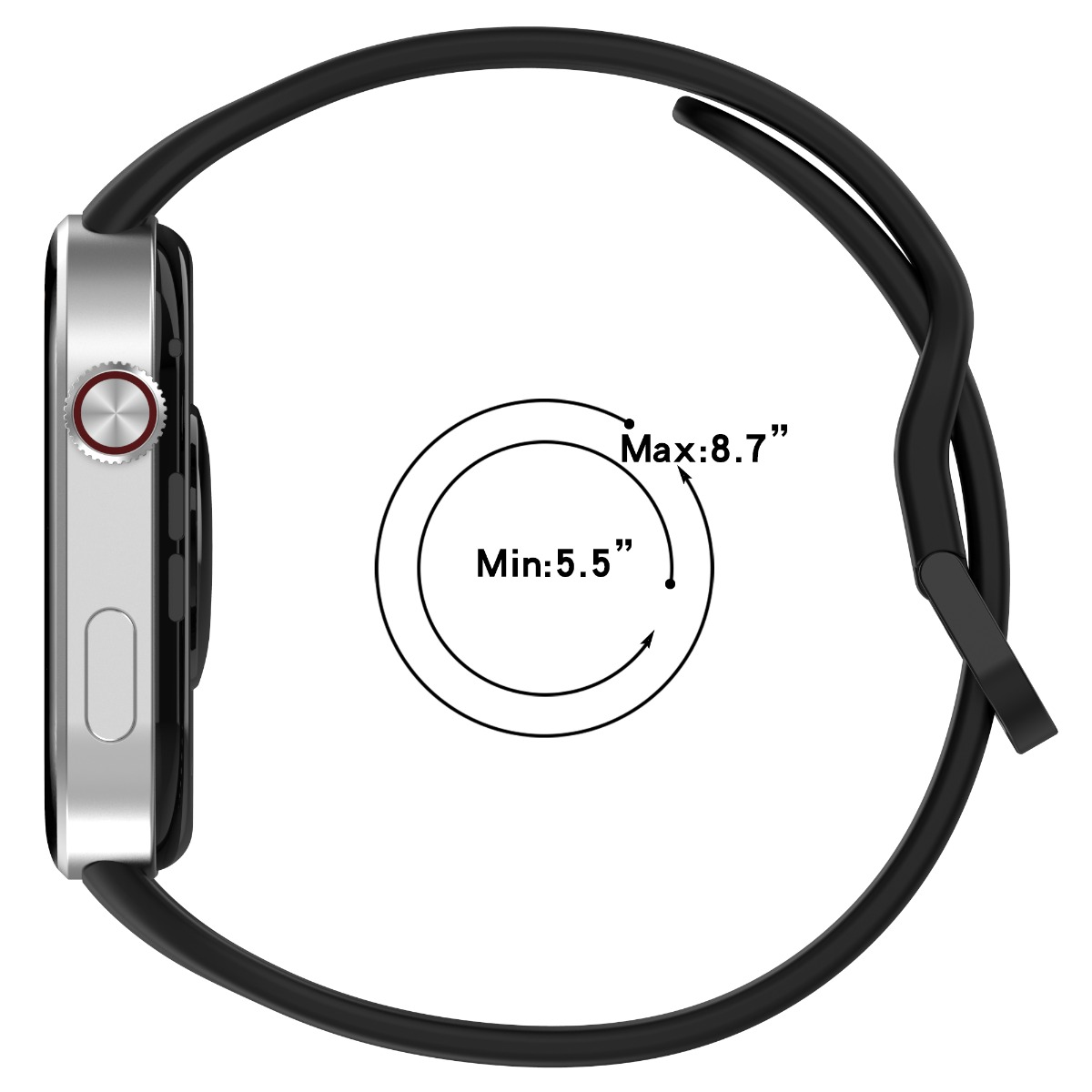 Eine silberne Smartwatch mit schwarzem Armband, die ein Kreisdiagramm mit einem Bereich von 5,5" bis 8,7" anzeigt.