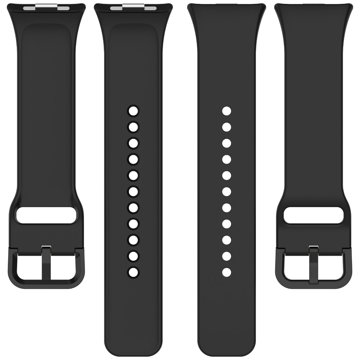 Vier schwarze Uhrenarmbänder vertikal angeordnet. Jedes Band hat eine Schnalle und Löcher zur Anpassung. Die Oberseite hat Metallstäbe.
