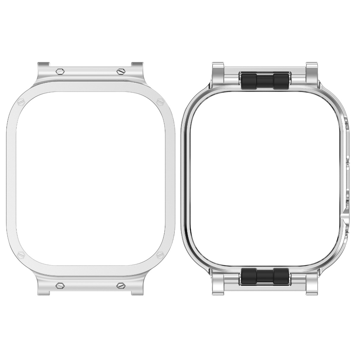 Due lunette per orologi argentate. Ognuna con un telaio rettangolare e angoli arrotondati. Una ha inserti neri.