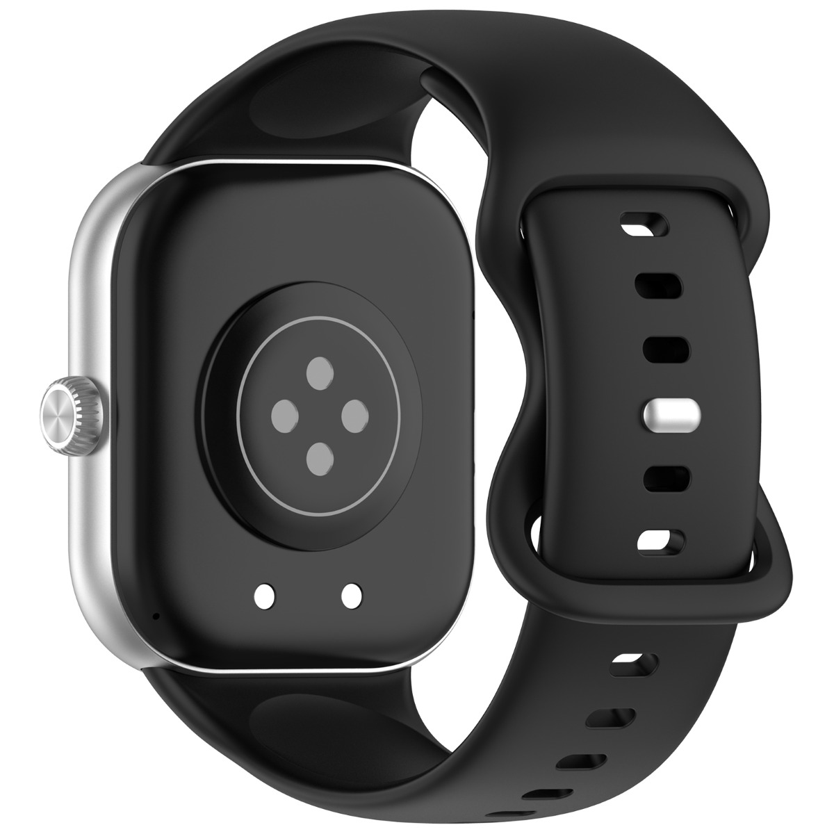 Eine schwarze Smartwatch mit silbernem Rahmen. Die Uhr zeigt die Rückseite mit Sensoren und einem schwarzen Armband.