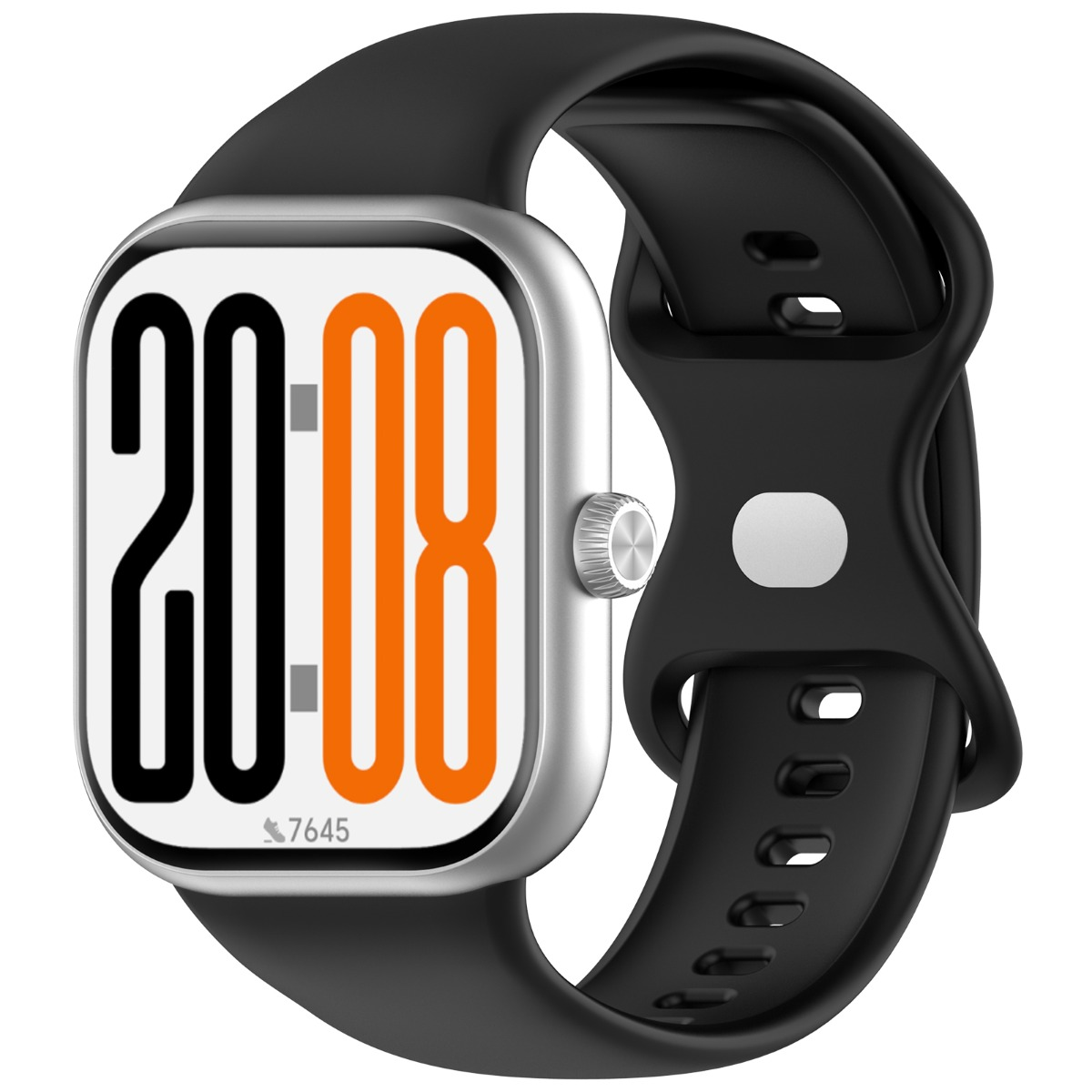 Eine Smartwatch zeigt 20:08 auf dem Bildschirm an. Sie hat einen silbernen Rahmen und ein schwarzes Armband. Die Zahlen sind schwarz und orange.