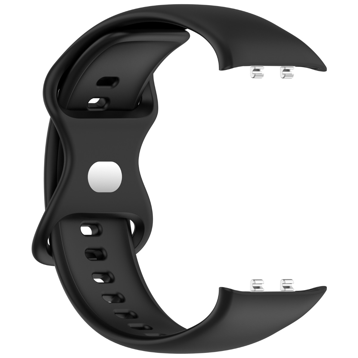Ein schwarzes Armband mit geschwungenem Design. Es hat Löcher und ein weißes knopfartiges Detail sowie Metallstifte an den Enden.