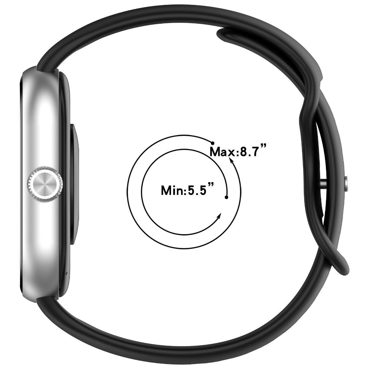 Eine silberne Smartwatch mit schwarzem Armband. Ein Kreisdiagramm zeigt Messungen: Min: 5,5", Max: 8,7".