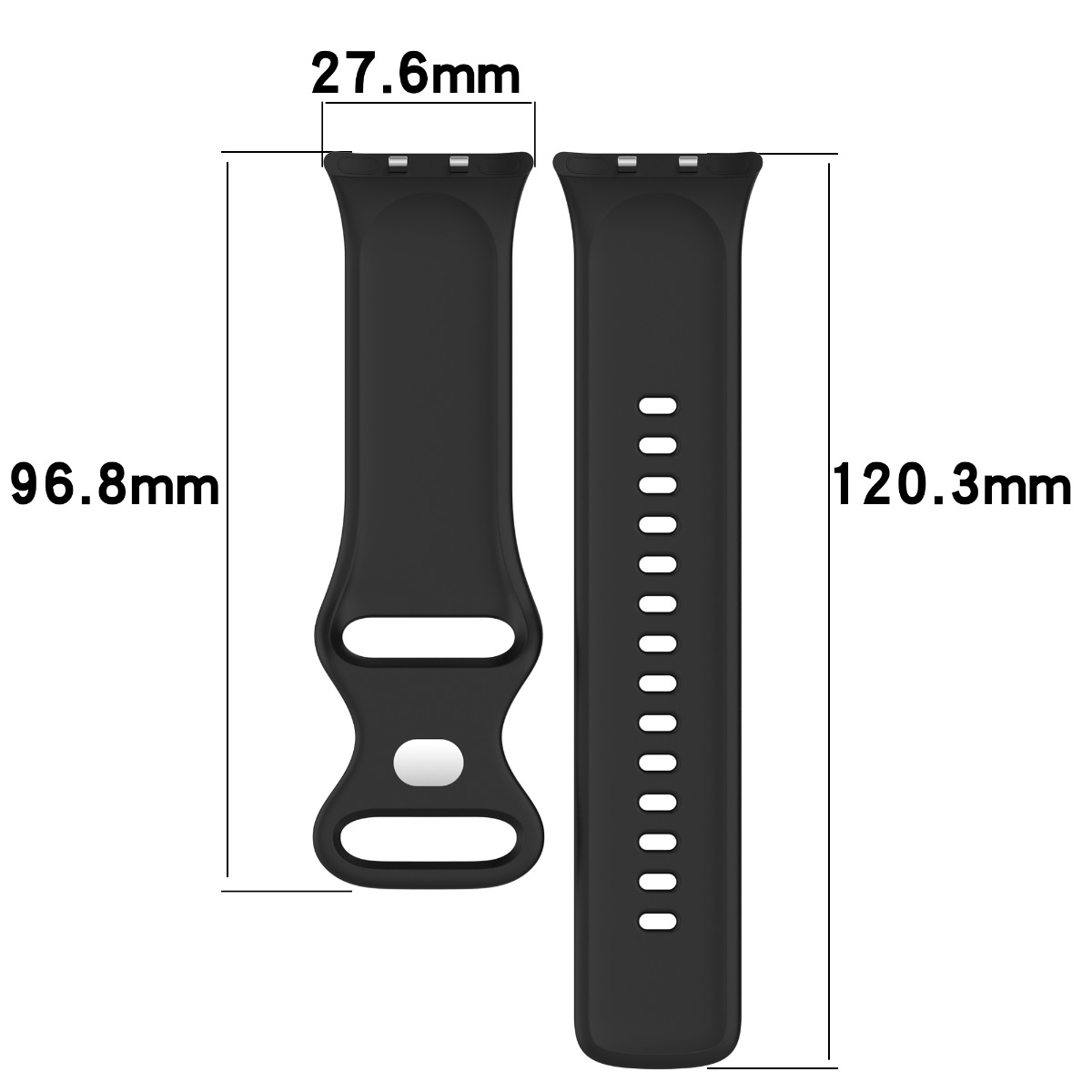 Zwei schwarze Uhrenarmbänder mit den Maßen 27,6 mm, 96,8 mm und 120,3 mm. Eines hat Löcher, das andere eine Öffnung.