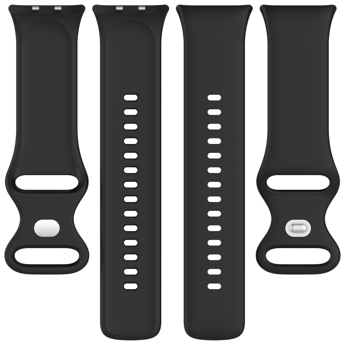 Vier schwarze Uhrenarmbänder vertikal angeordnet. Jedes hat Löcher zur Anpassung und einen Verschluss.
