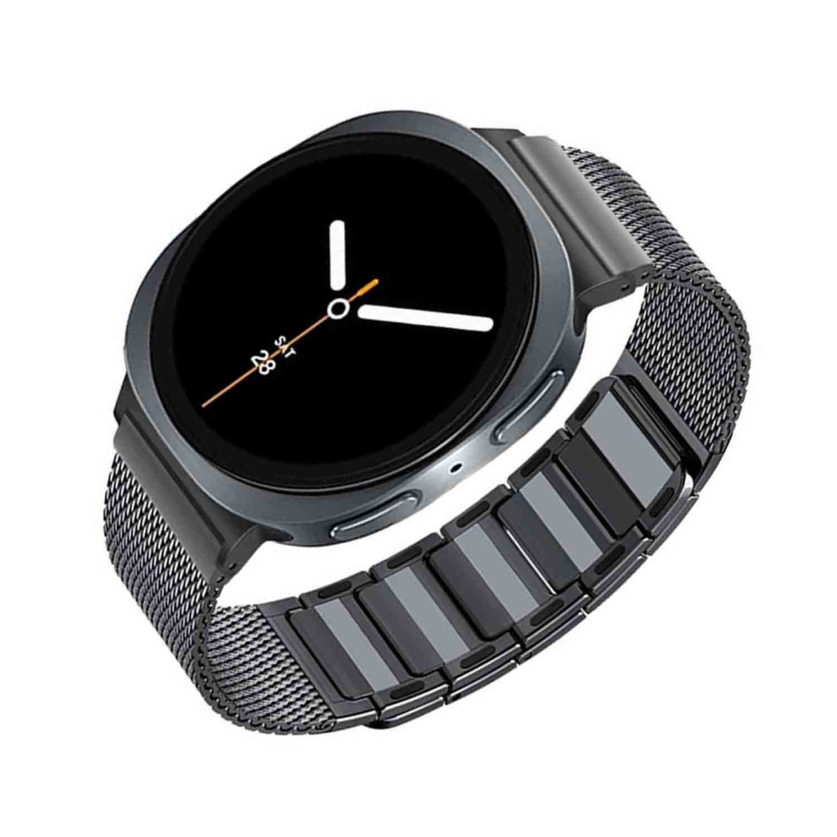 Dunkelgraue Smartwatch mit schwarzem Bildschirm, der die Uhrzeit anzeigt. Sie hat ein metallisches Mesh-Armband und einen weißen Hintergrund.