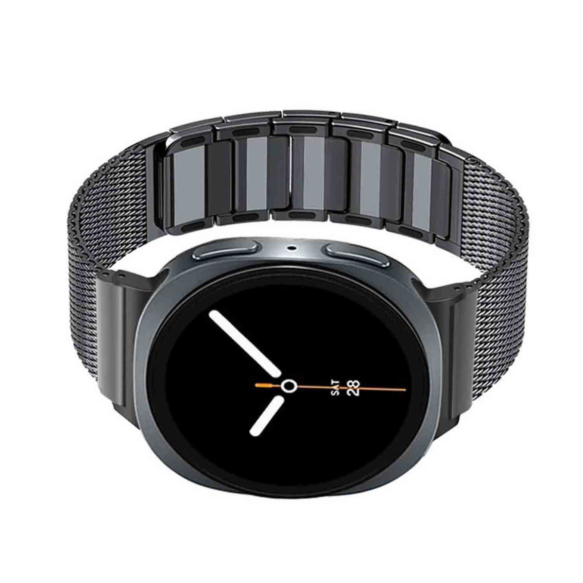 Dunkelgraue Smartwatch mit schwarzem Zifferblatt, das die Uhrzeit anzeigt. Es hat ein metallisches Mesh-Armband und einen weißen Hintergrund.