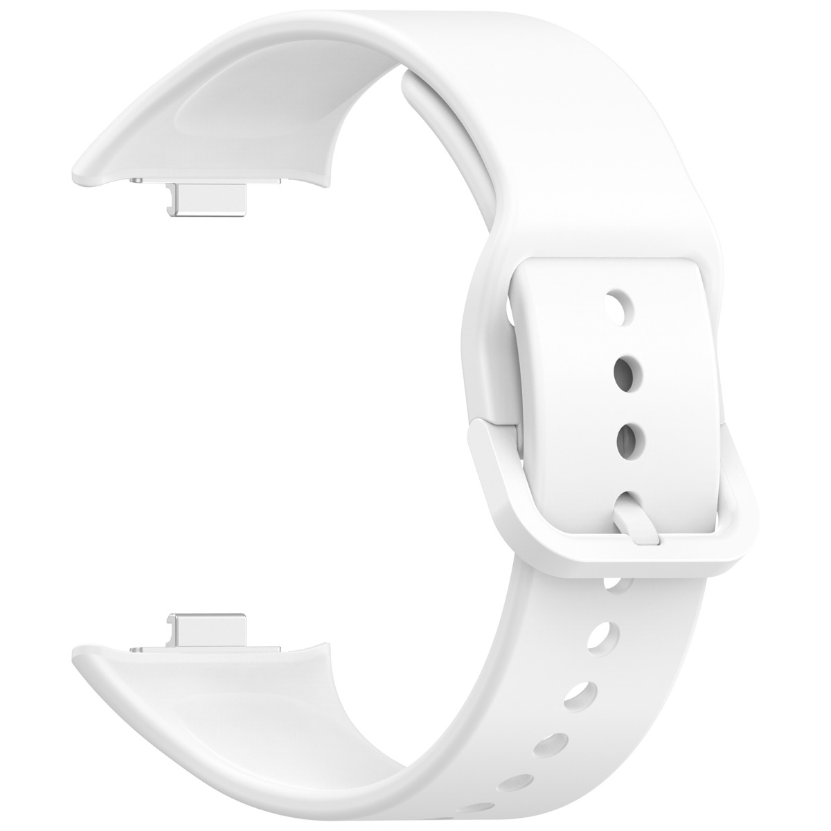 Ein weißes Uhrenarmband mit Schnalle. Das Armband hat ein gebogenes Design mit Löchern zur Anpassung. Der Hintergrund ist weiß.