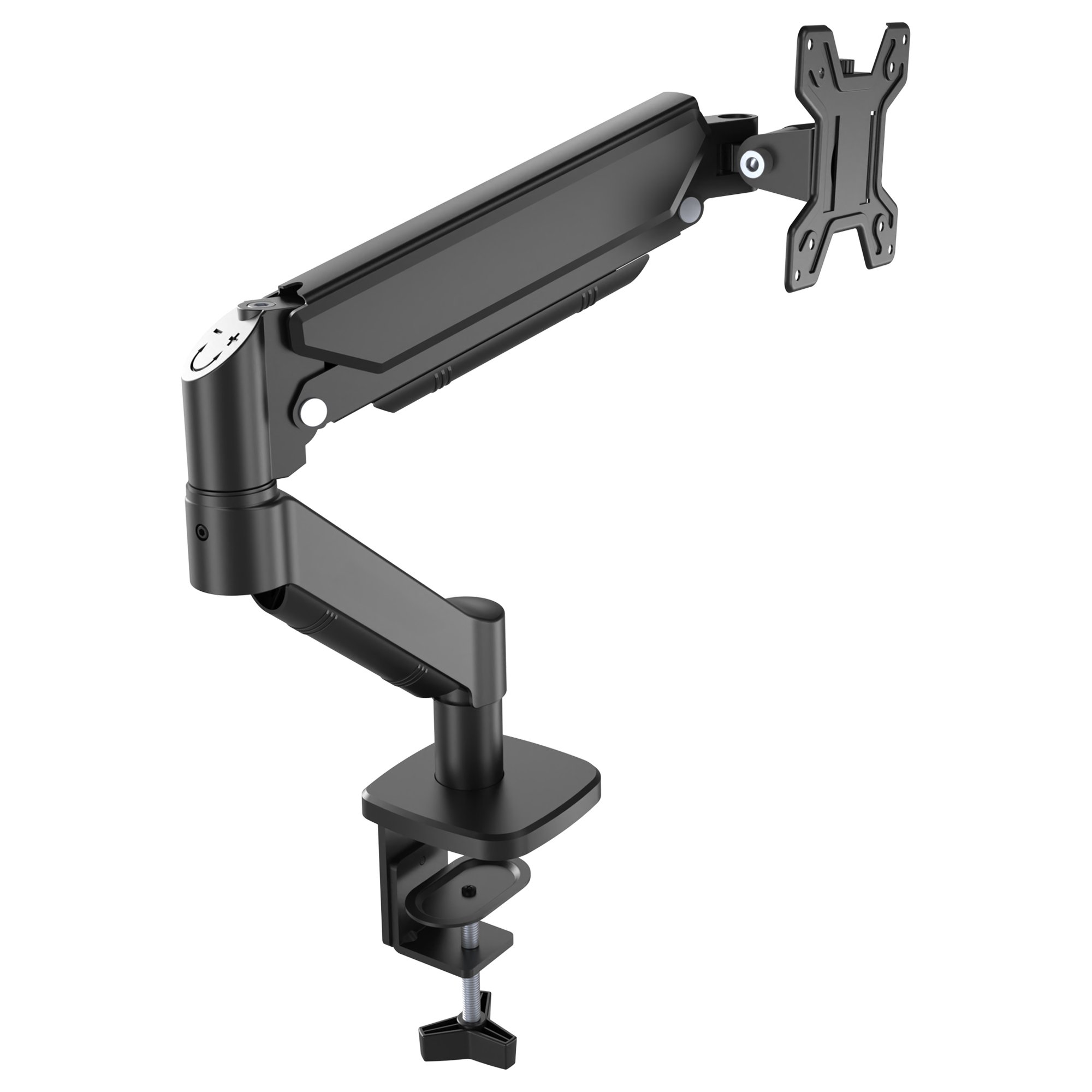 Un brazo negro para monitor, con base de abrazadera, articulaciones ajustables y soporte para pantalla.