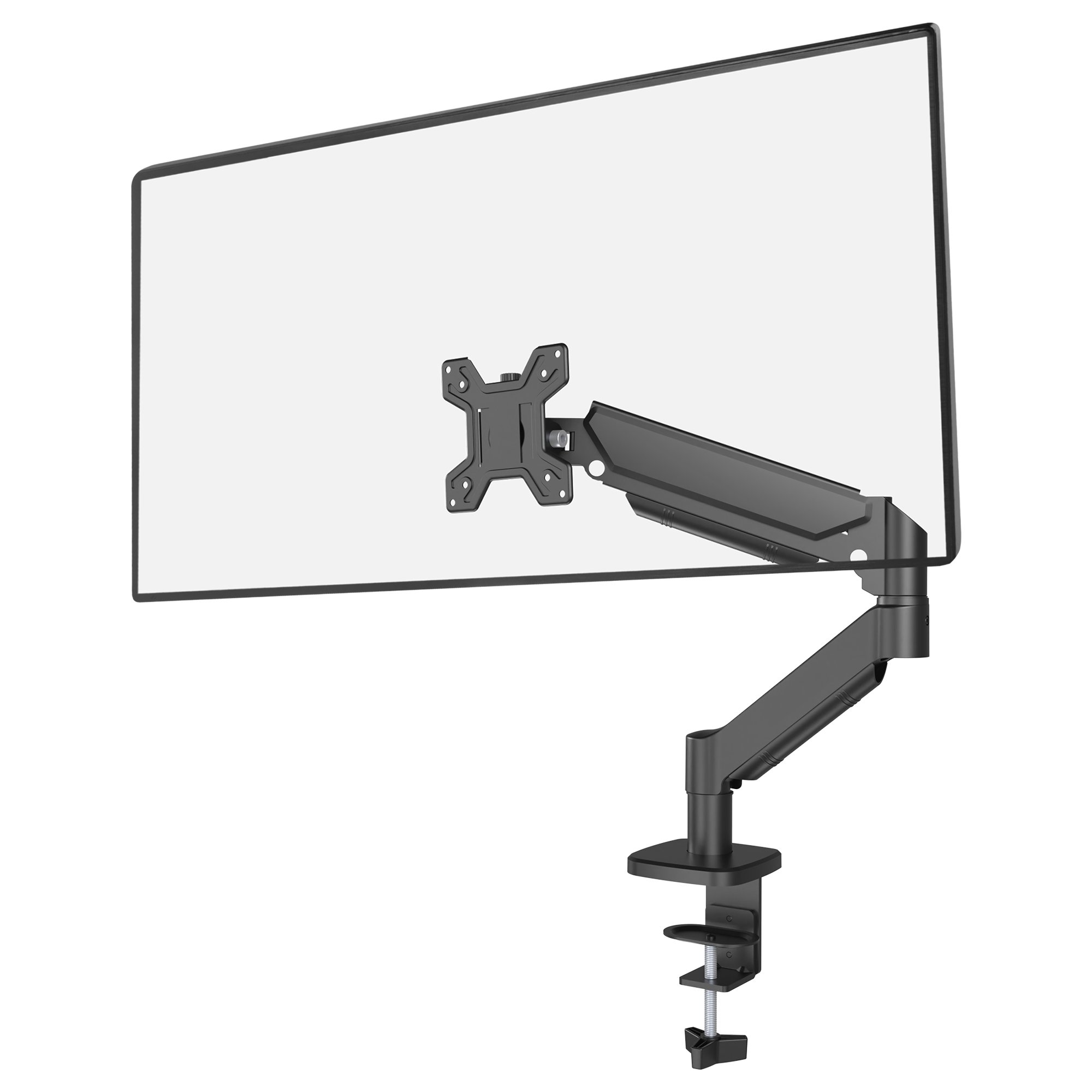 Un brazo negro para monitor con pantalla. El brazo está montado en una abrazadera. La pantalla es blanca.