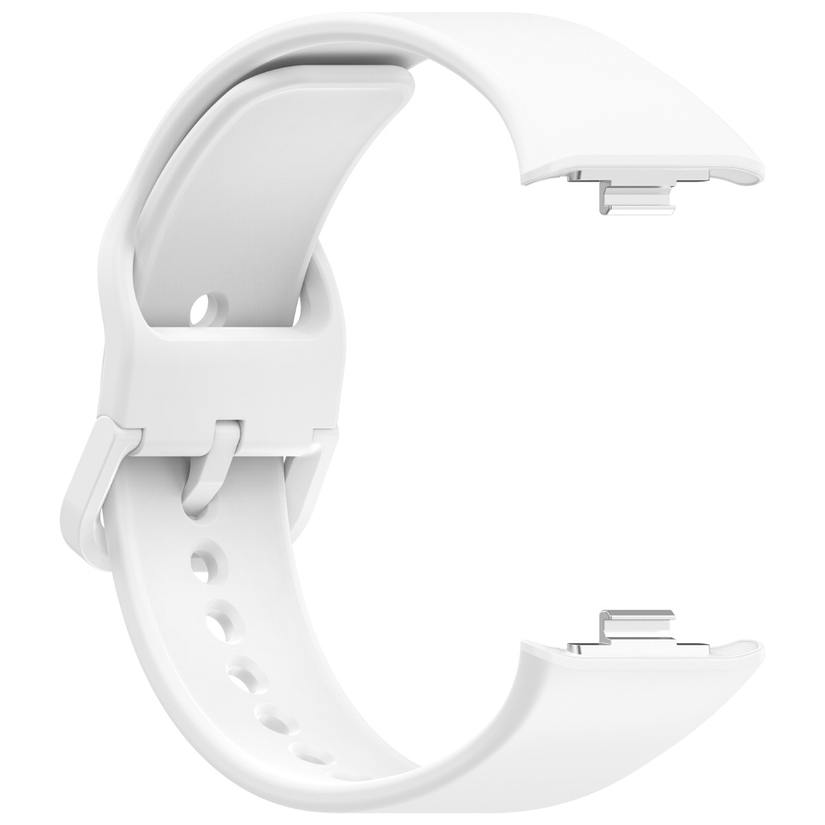 Ein weißes Smartwatch-Armband wird gezeigt. Es hat eine Schnalle und Löcher zur Anpassung. Die Enden haben Metallverbinder zur Befestigung.
