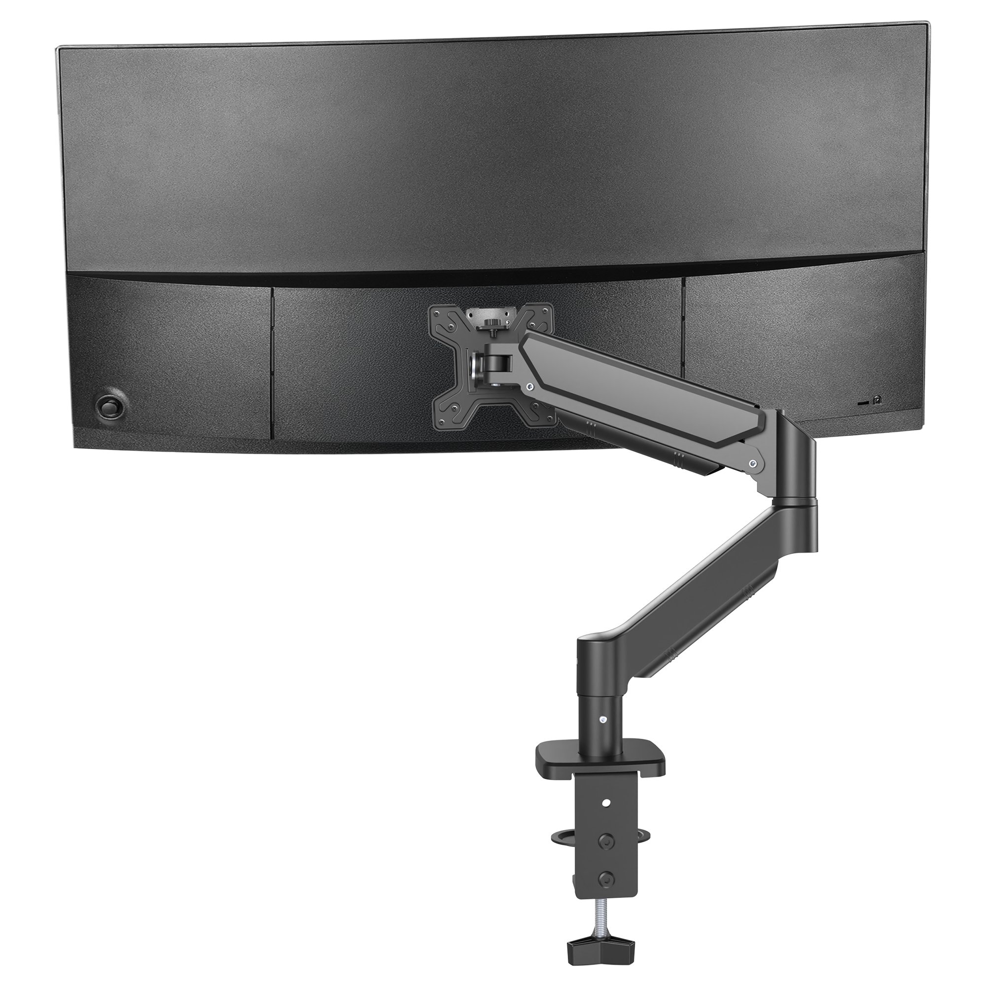 Un monitor de computadora negro curvo con un brazo articulado negro y una abrazadera de escritorio, sobre un fondo blanco.