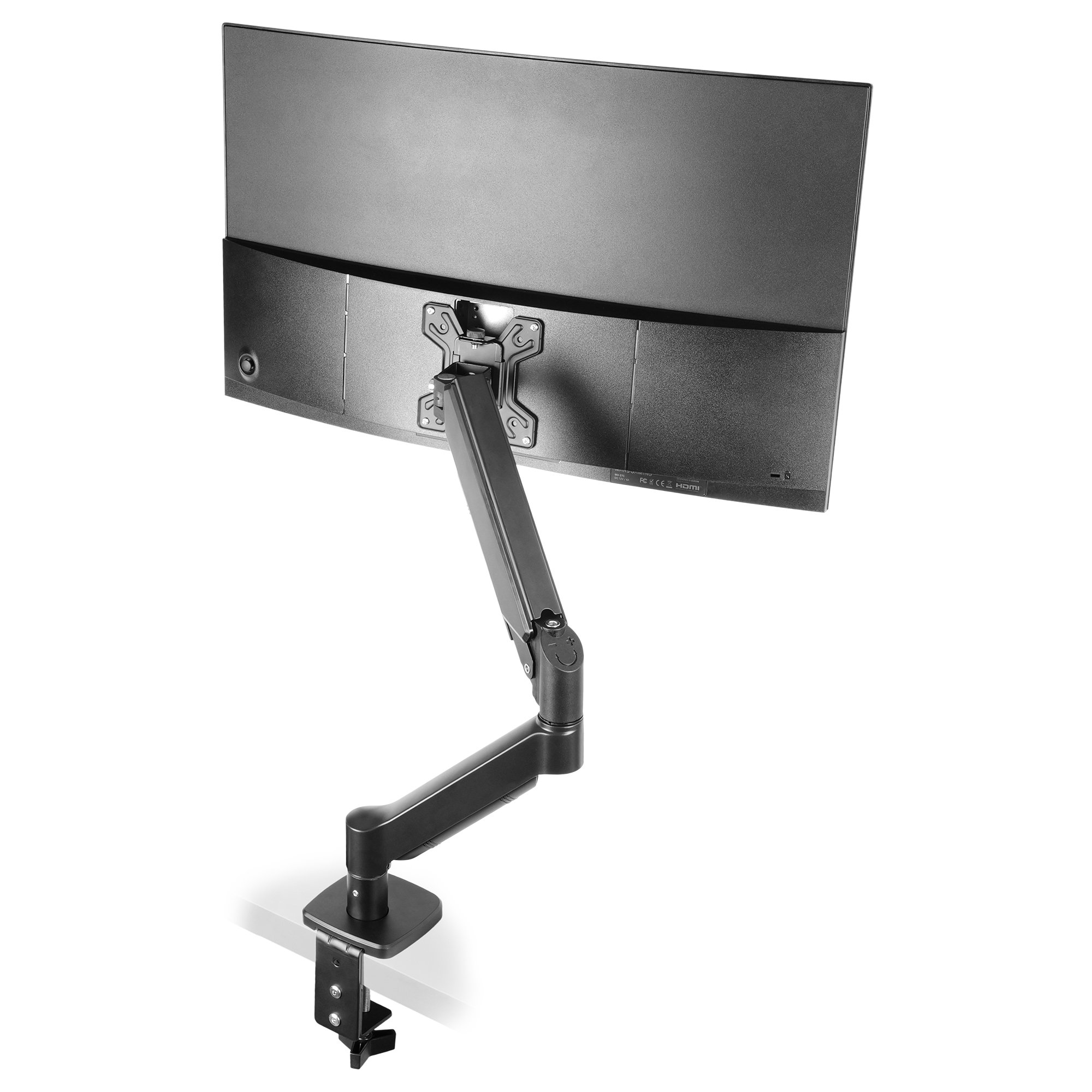 Un monitor curvo montado en un brazo negro sujeto a una superficie blanca. La parte trasera del monitor es visible.