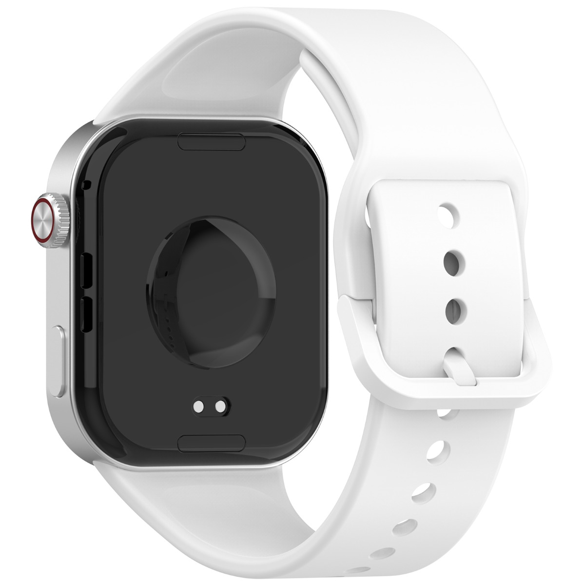 Eine weiße Smartwatch mit schwarzem Bildschirm und weißem Armband. Die Uhr hat ein silbernes Gehäuse und einen roten Knopf.