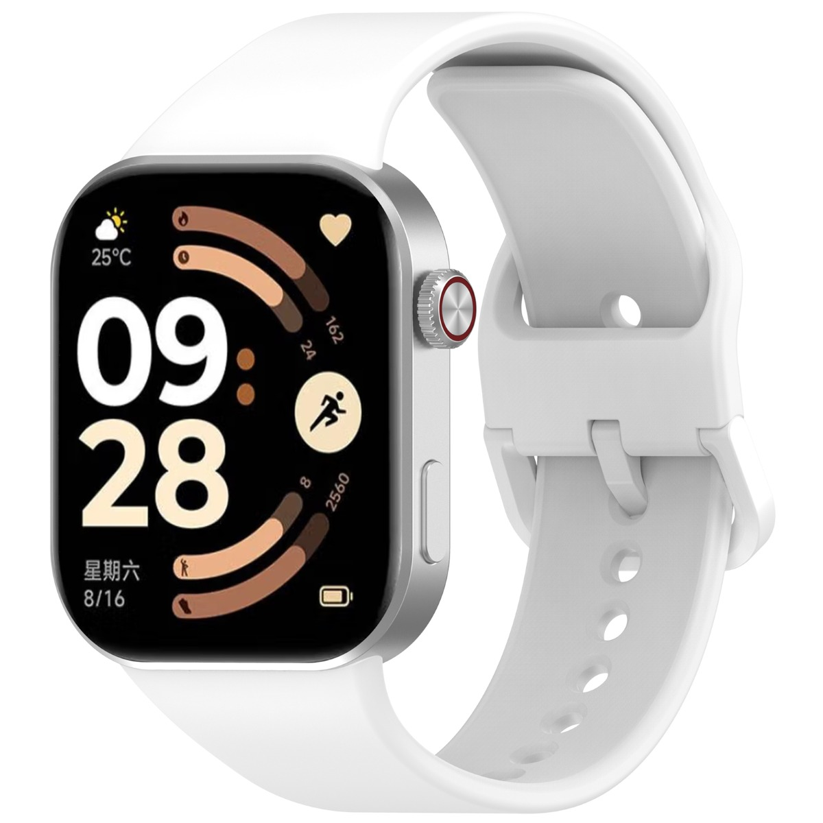 Eine weiße Smartwatch mit silbernem Rahmen. Der Bildschirm zeigt Uhrzeit, Datum und Gesundheitsmetriken an. Das Uhrenarmband ist weiß und aus Silikon.