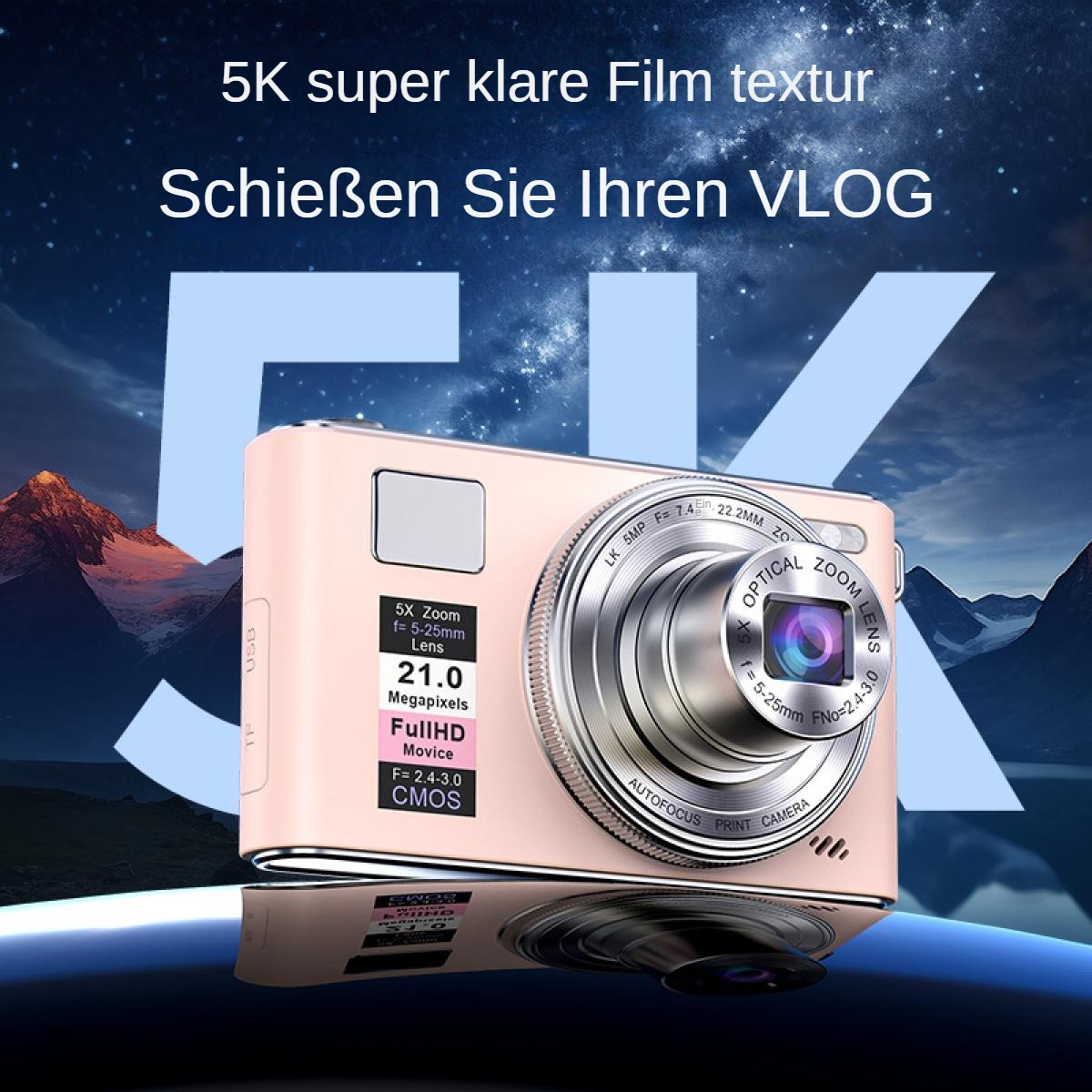 Eine rosa Kamera mit Zoomobjektiv. Auf Deutsch steht 'Drehen Sie Ihren Vlog'. Unter der Kamera ist eine spiegelnde Oberfläche.