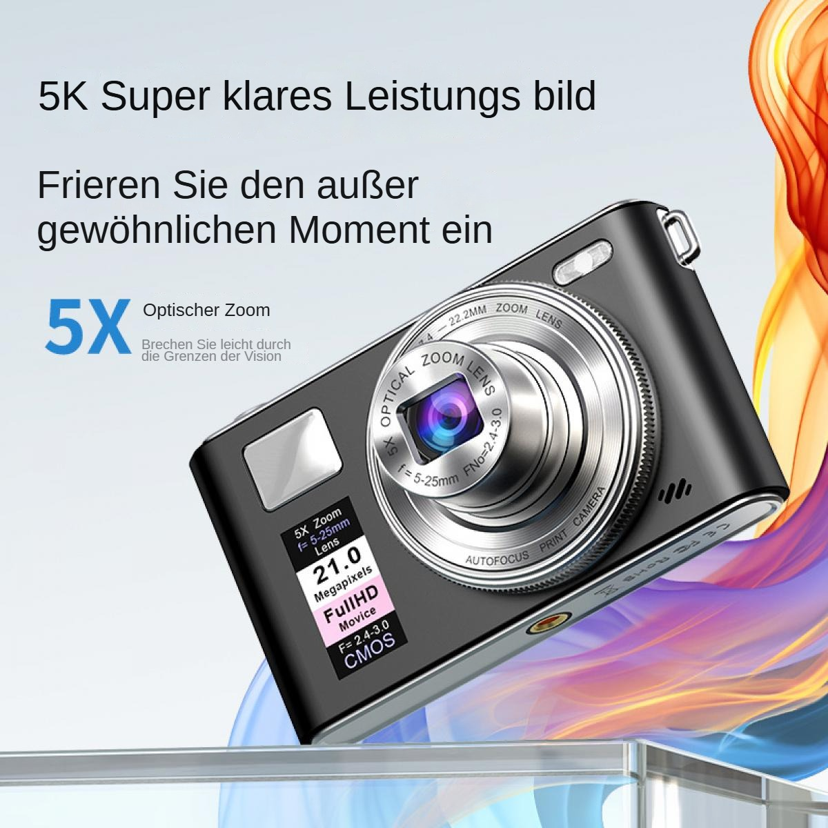 Eine schwarze Digitalkamera mit silbernem Objektiv und verschiedenen Spezifikationen wie 21,0 Megapixel und 5-fach Zoom wird gezeigt.