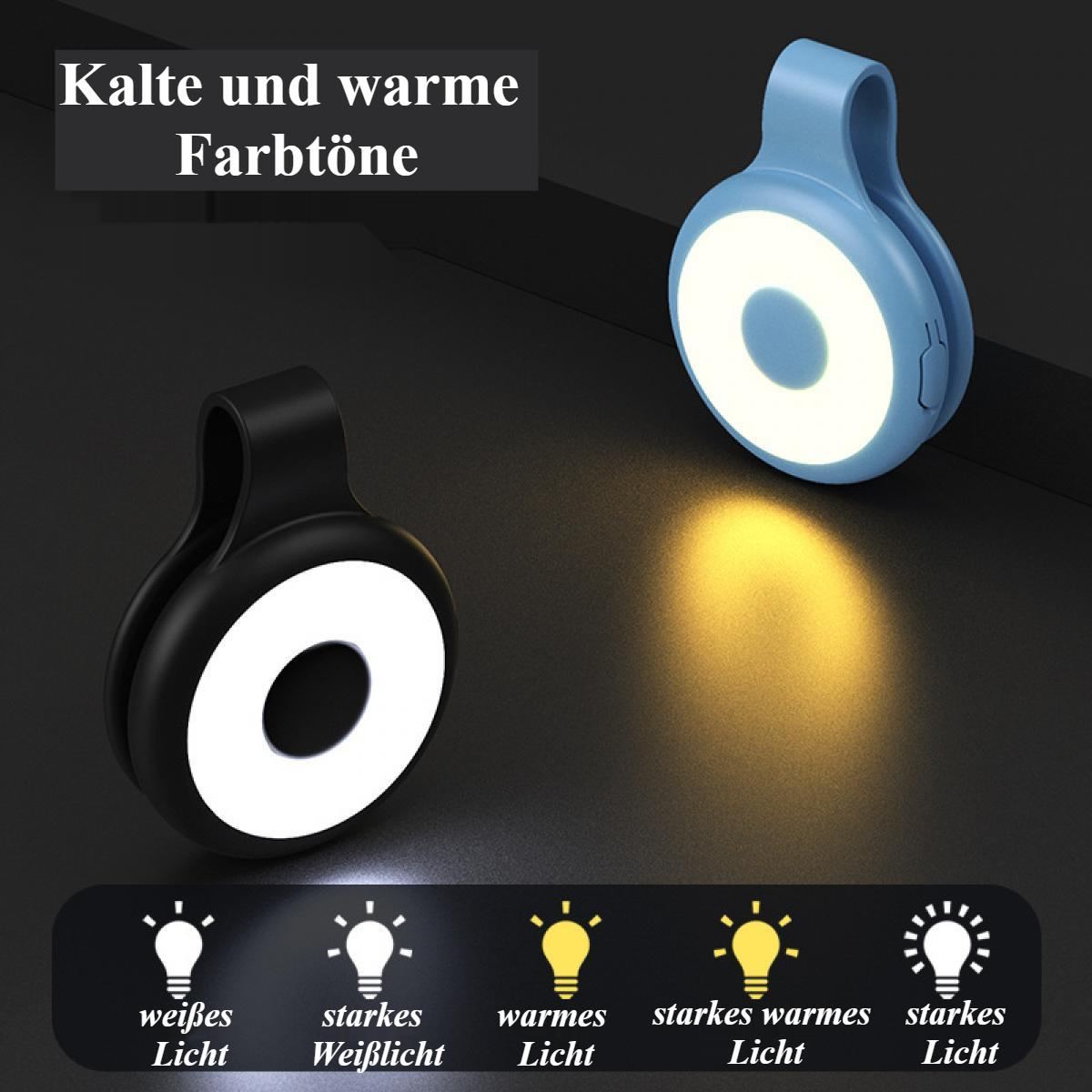 Zwei LED-Leuchten, eine schwarz, eine blau, beleuchtet. Text zeigt 'kalte und warme Farbtöne'. Darunter werden Leuchttypen-Symbole angezeigt.