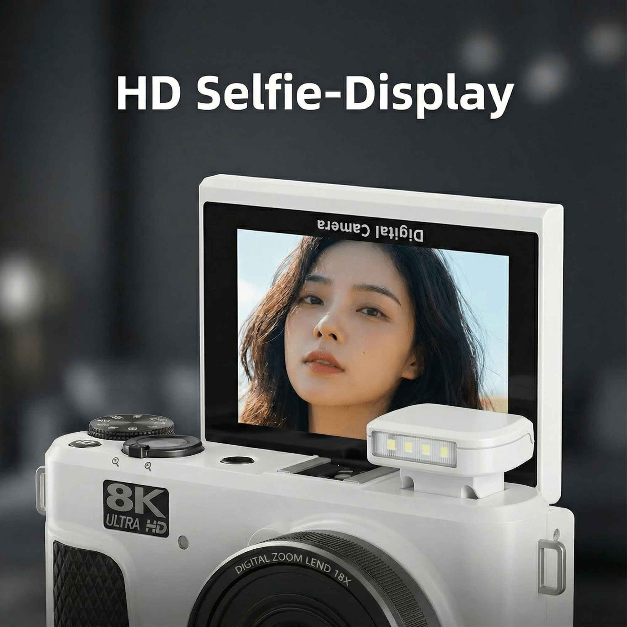 Weiße Kamera mit Bildschirm, der ein Frauenbild zeigt, Blitz und Text 'HD Selfie-Display' sind sichtbar.