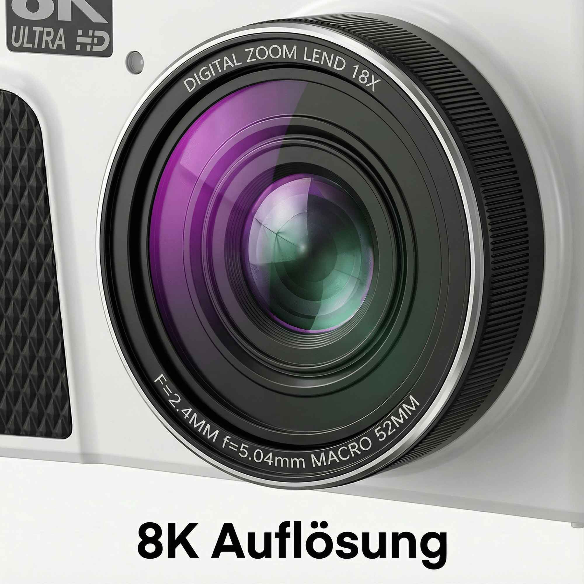 Nahaufnahme eines weißen Kameraobjektivs mit lila und grüner Reflexion, Digitaler Zoom 18x, 8K Auflösung.