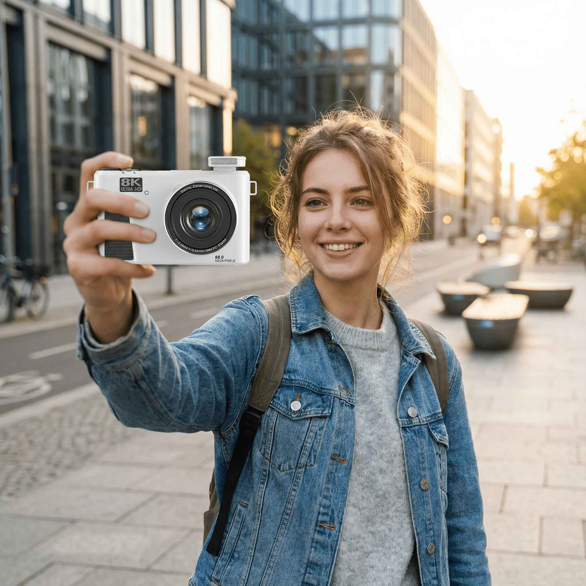 Eine Frau macht ein Selfie mit einer weißen Kamera auf einer Stadtstraße und lächelt. Gebäude und Sonnenlicht im Hintergrund.