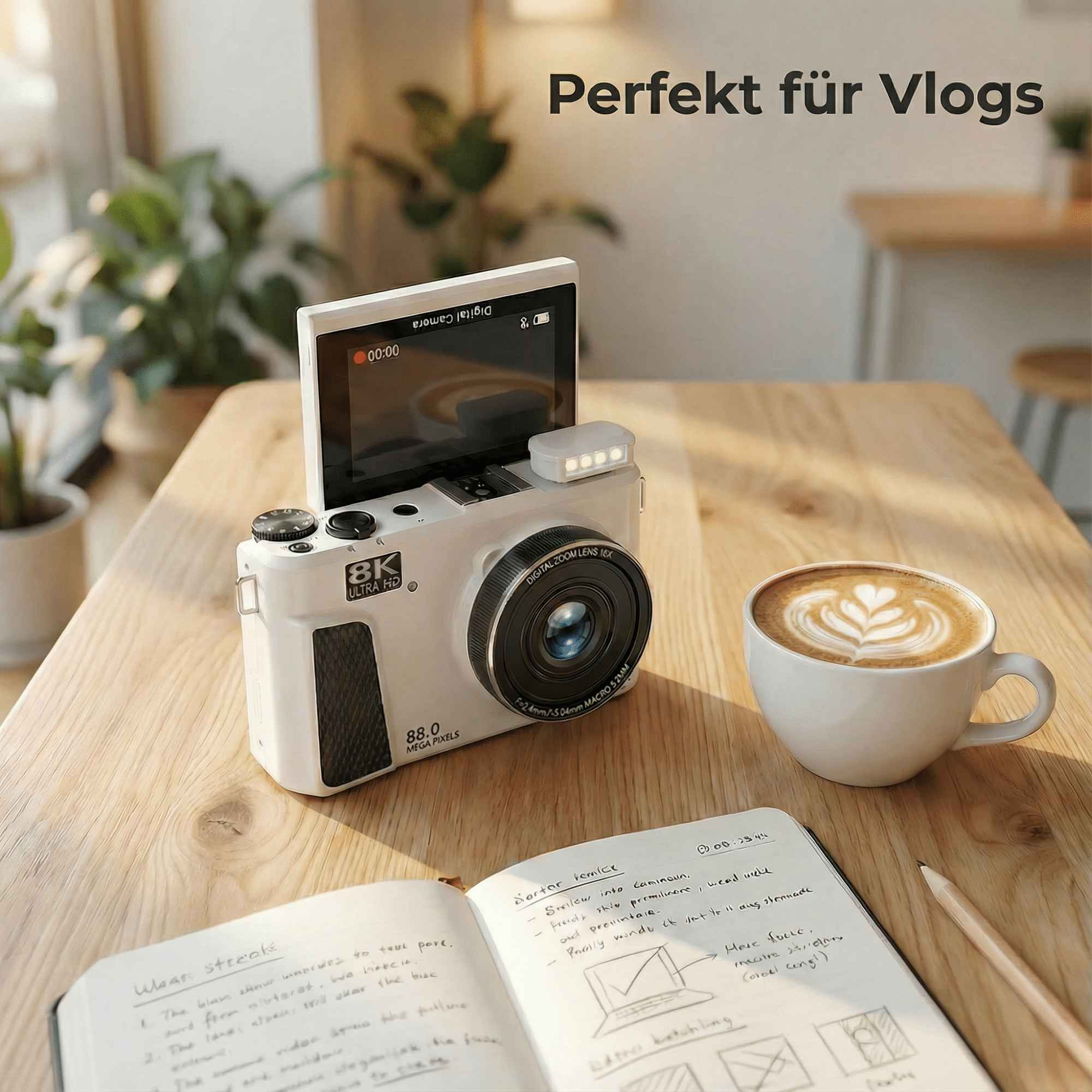 Eine weiße Kamera mit offenem Bildschirm, Latte, Notizbuch und Bleistift auf einem Holztisch. Deutscher Text oben.