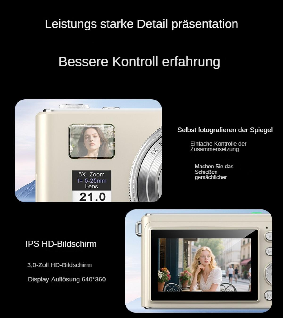 Eine cremefarbene Kamera zeigt ein Frauenporträt und eine Straßenszene. Text erwähnt Zoom, Objektiv und HD-Bildschirm.