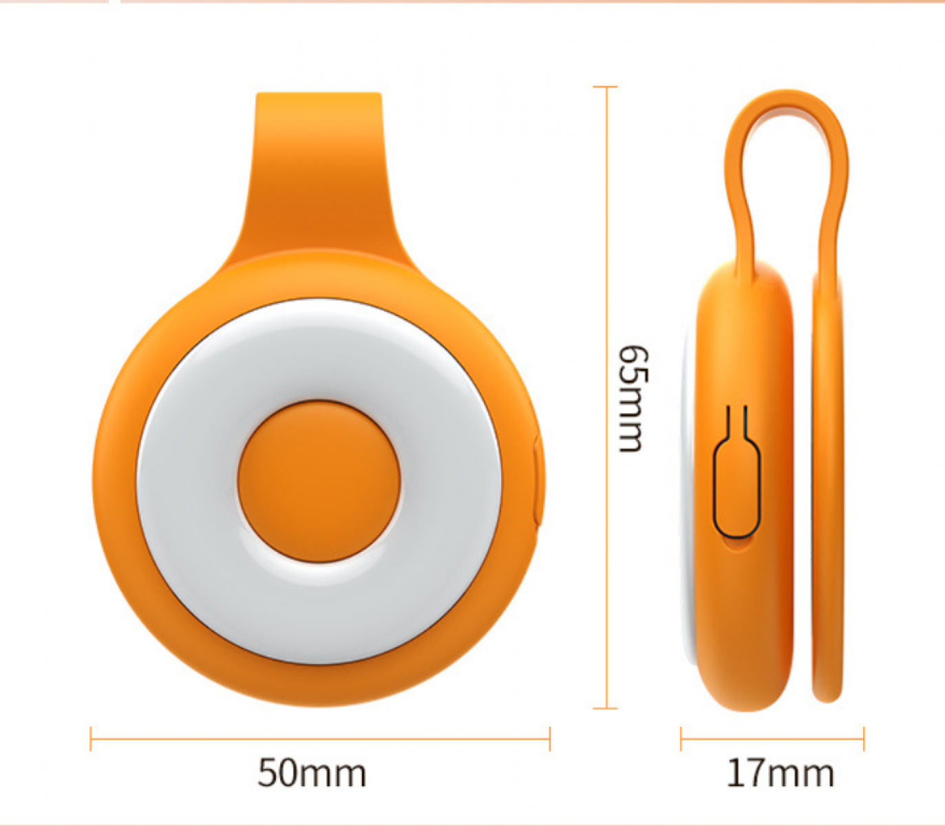 Ein orange-weißes tragbares Gerät mit den Abmessungen: 50 mm, 65 mm und 17 mm. Es hat einen Clip und einen Knopf.